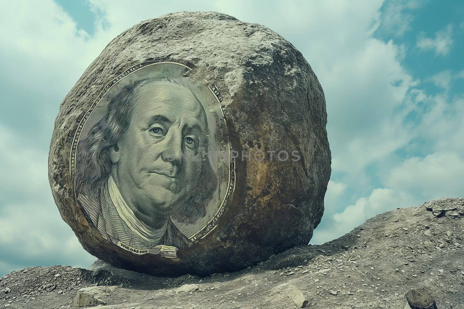 A man on a mountainside next to a stone with a dollar symbol. by Sd28DimoN_1976
