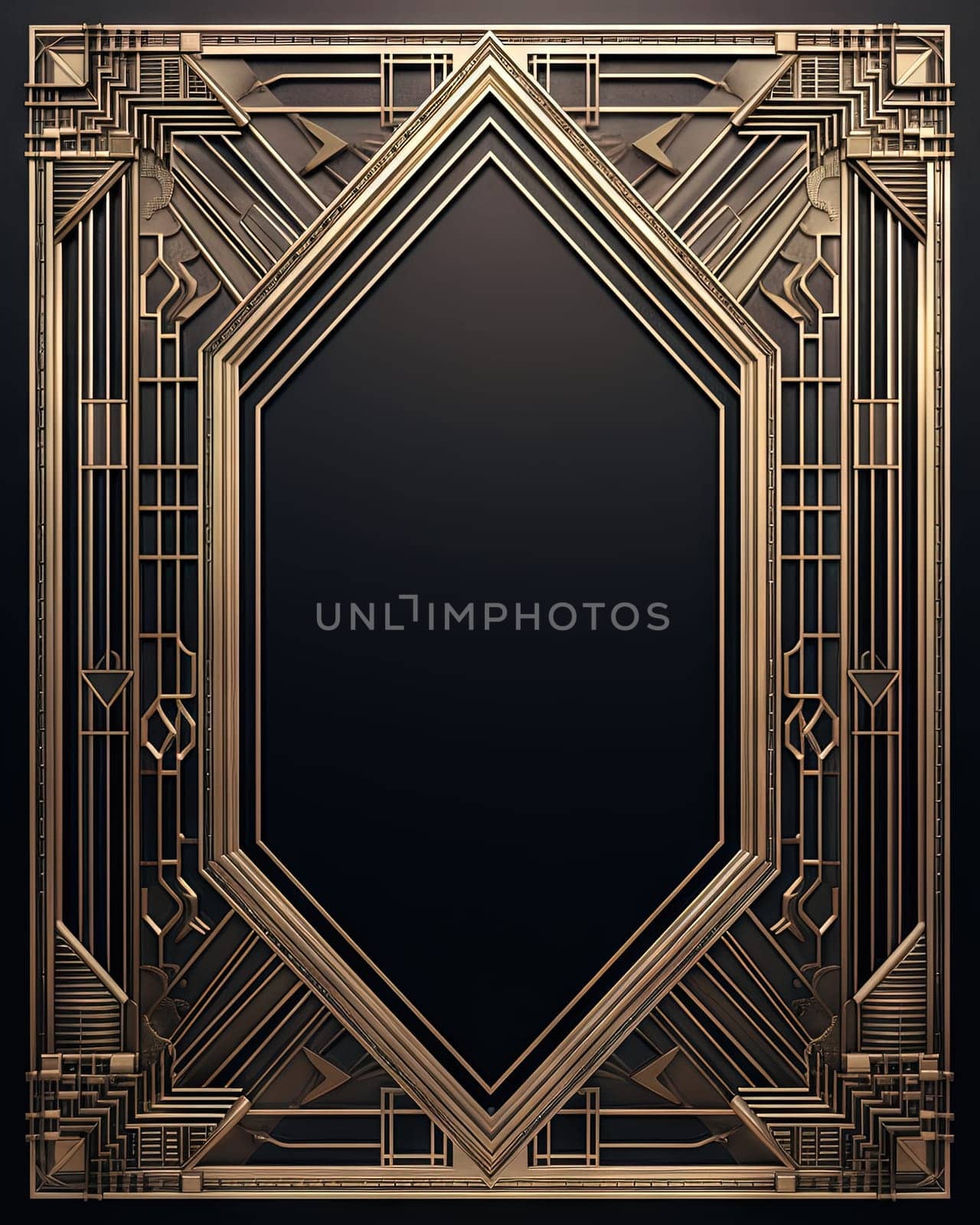 Golden art deco frame with ornament. Retro golden art deco or art nouveu frame in roaring 20s style. Generative AI