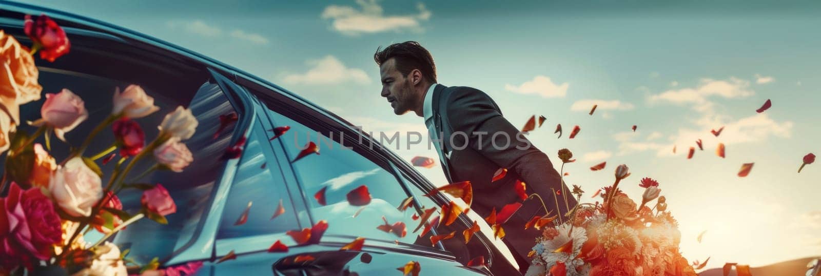 Man in Suit Standing Next to Car. Generative AI. by but_photo