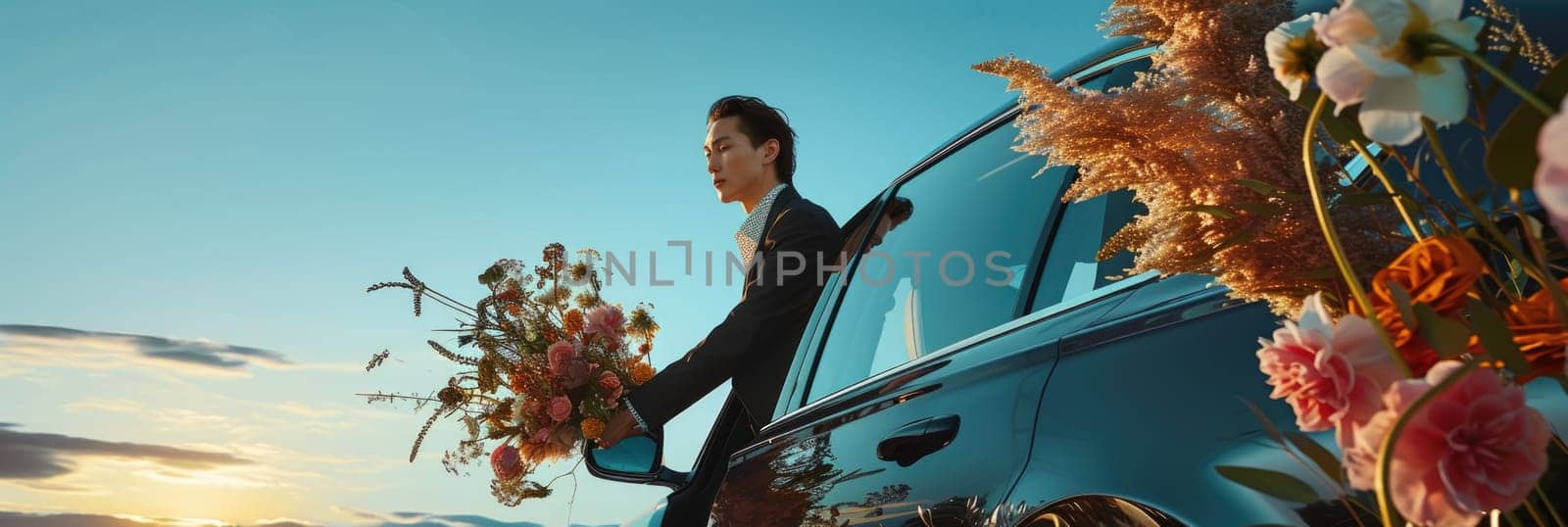 A man stands beside a blue car, holding a bouquet of flowers in his hand.