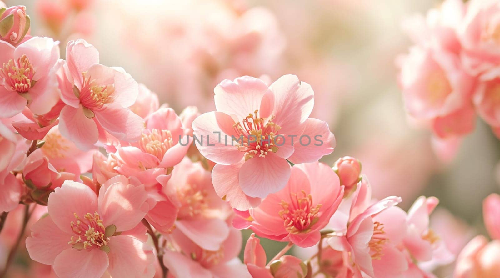 Pink cherry blossoms in full bloom, bathed in soft sunlight. High quality photo