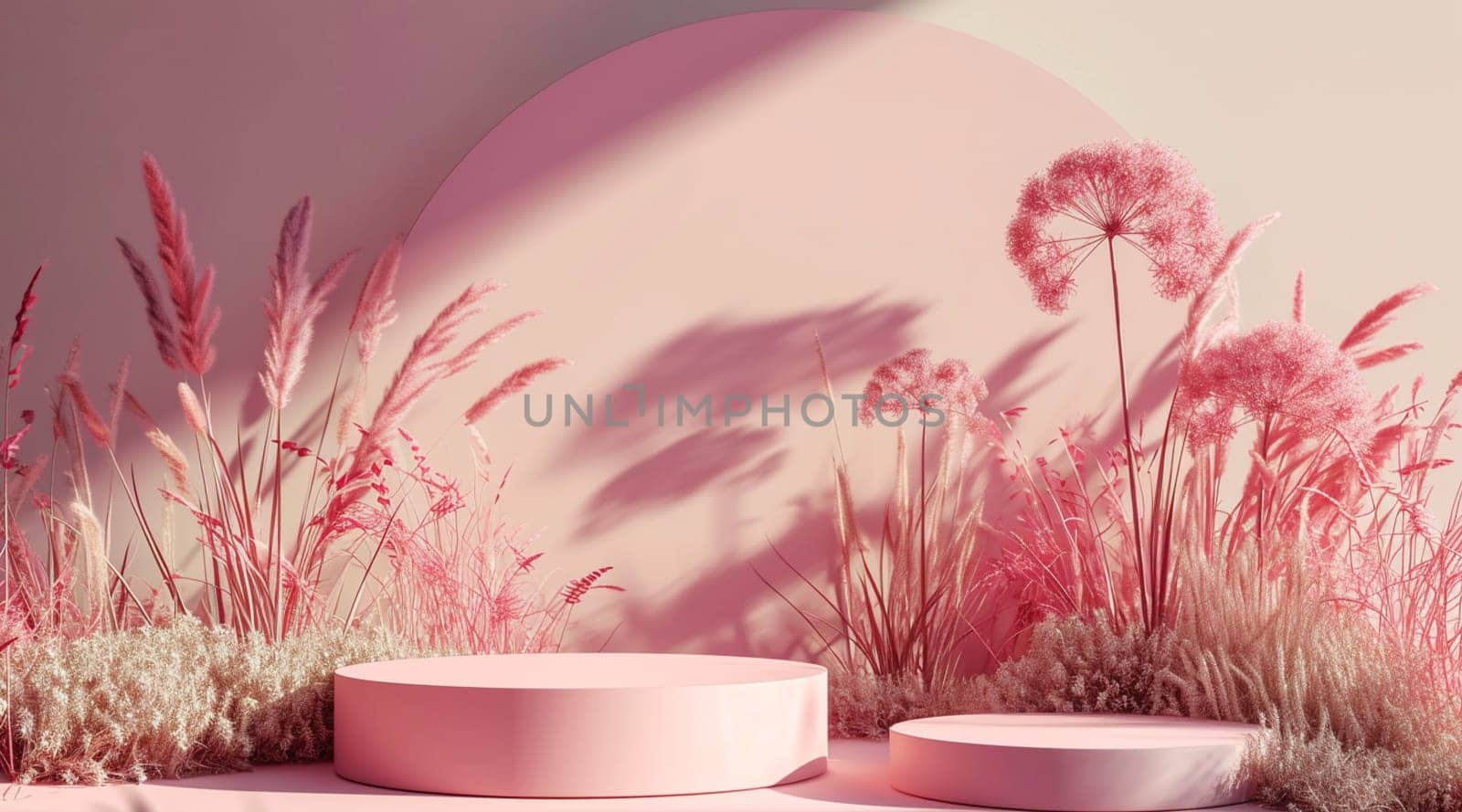 Pink flowers and podium with shadows on pastel background by kizuneko