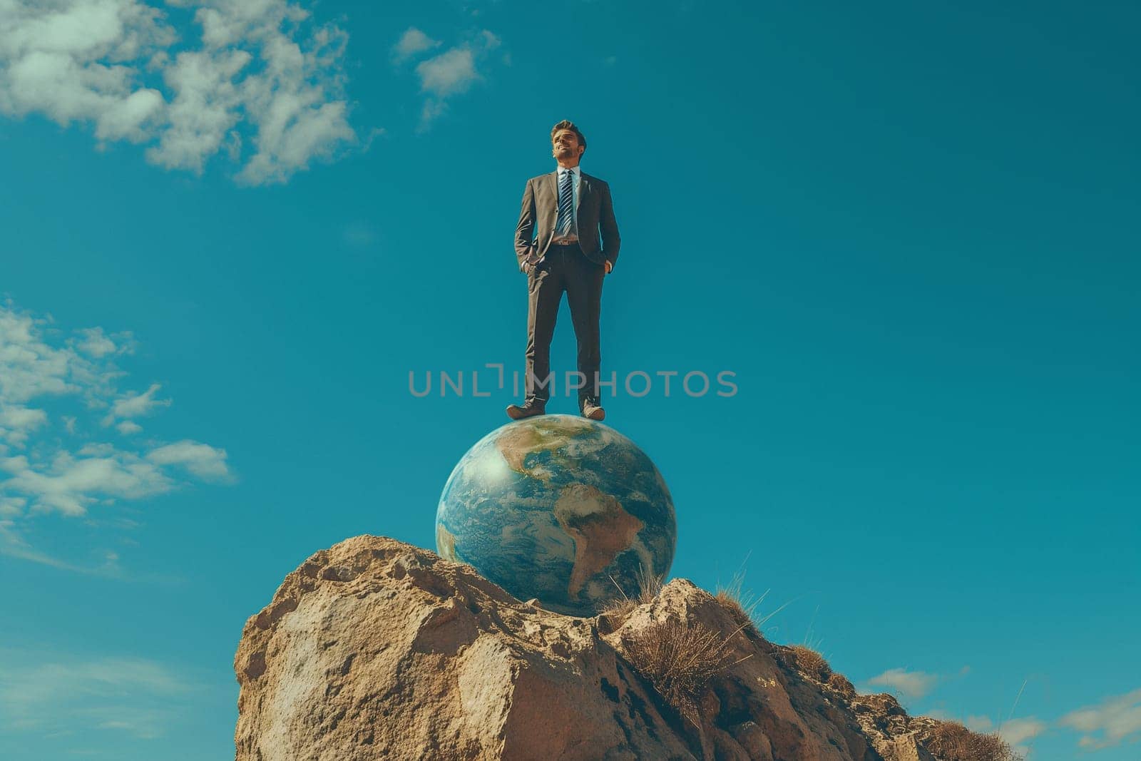 A businessman stands on a globe on top of a mountain. by Sd28DimoN_1976