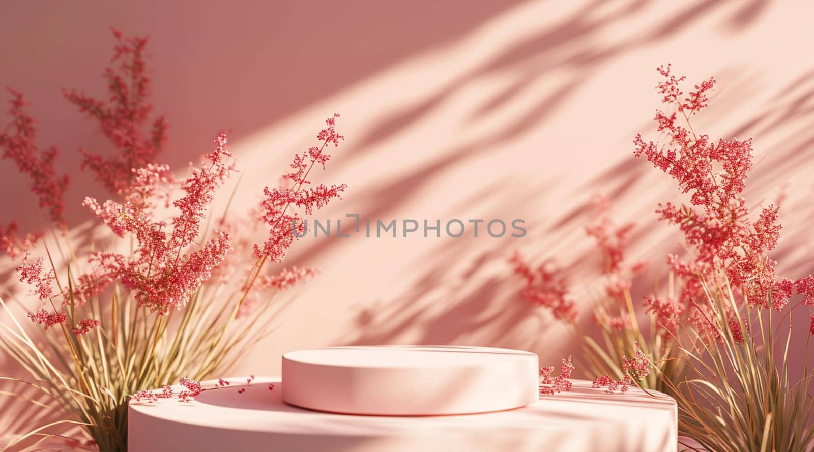 Pink flowers and podium with shadows on pastel background. High quality photo