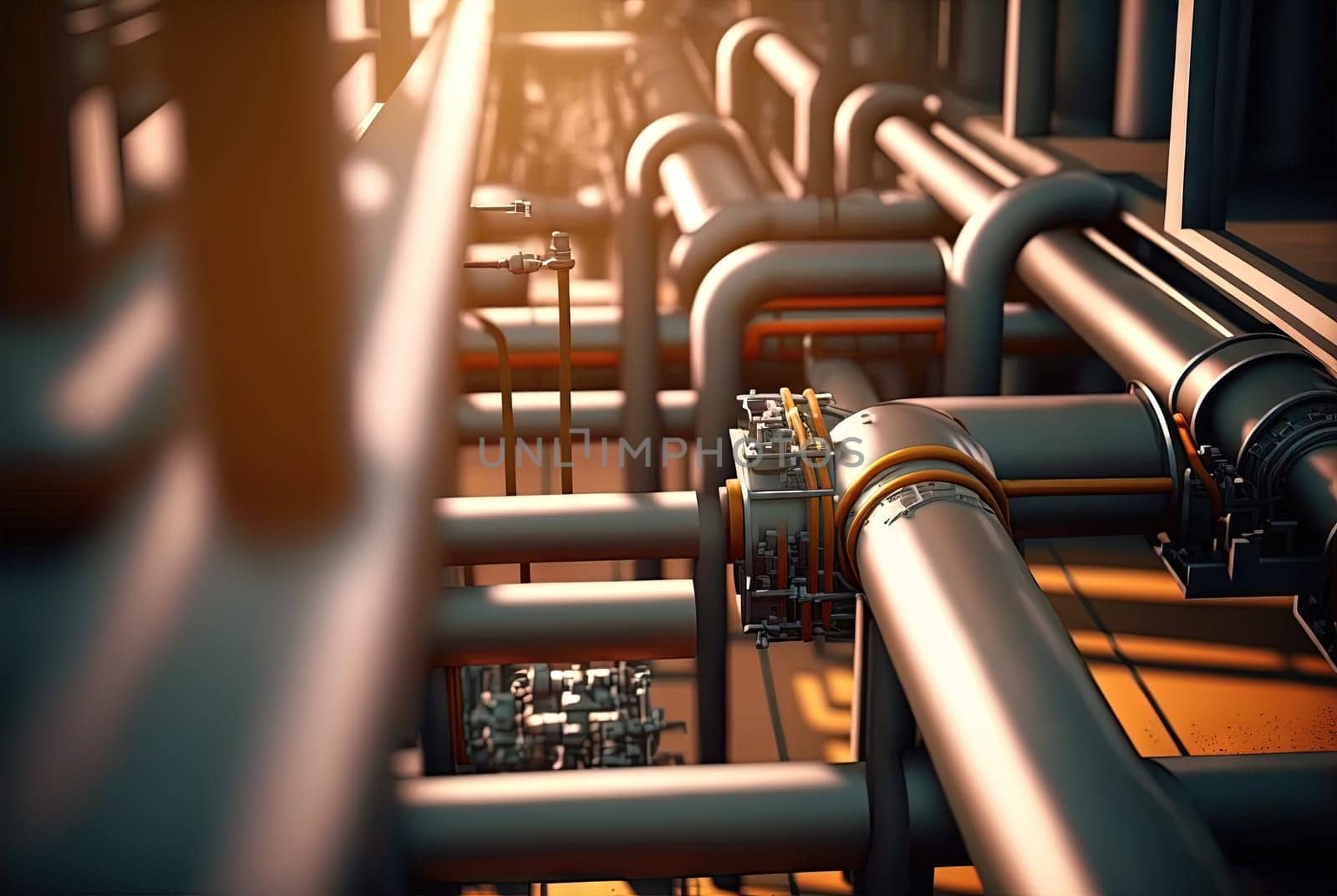 Background with shiny factory pipes. Industrial pipeline communications, technology abstract. Generated AI. by SwillKch