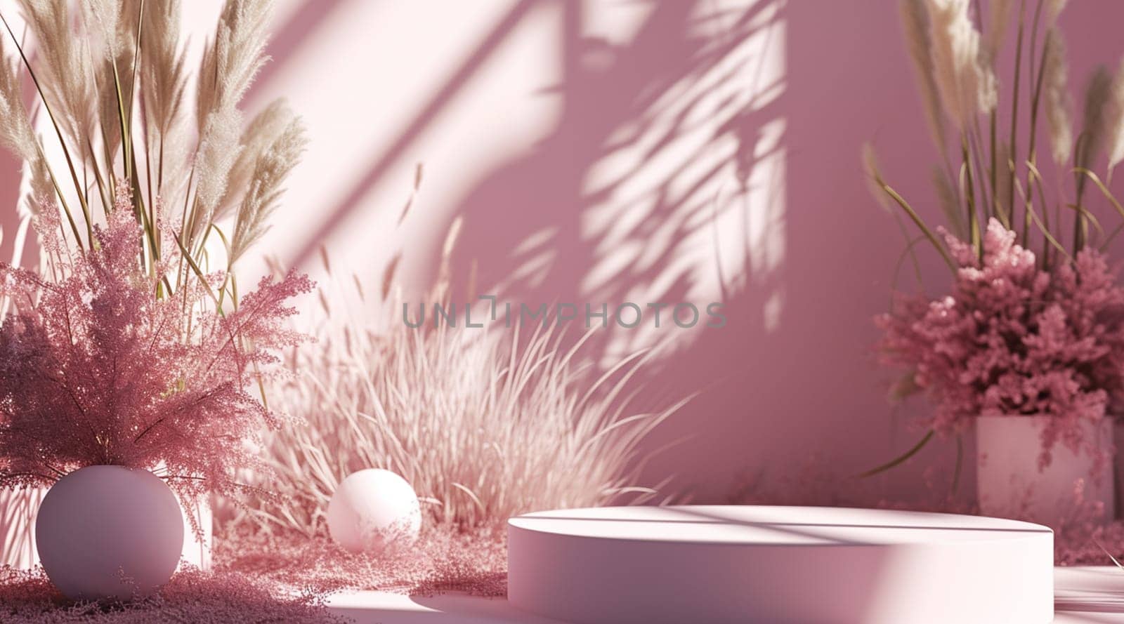 Pink flowers and podium with shadows on pastel background. High quality photo