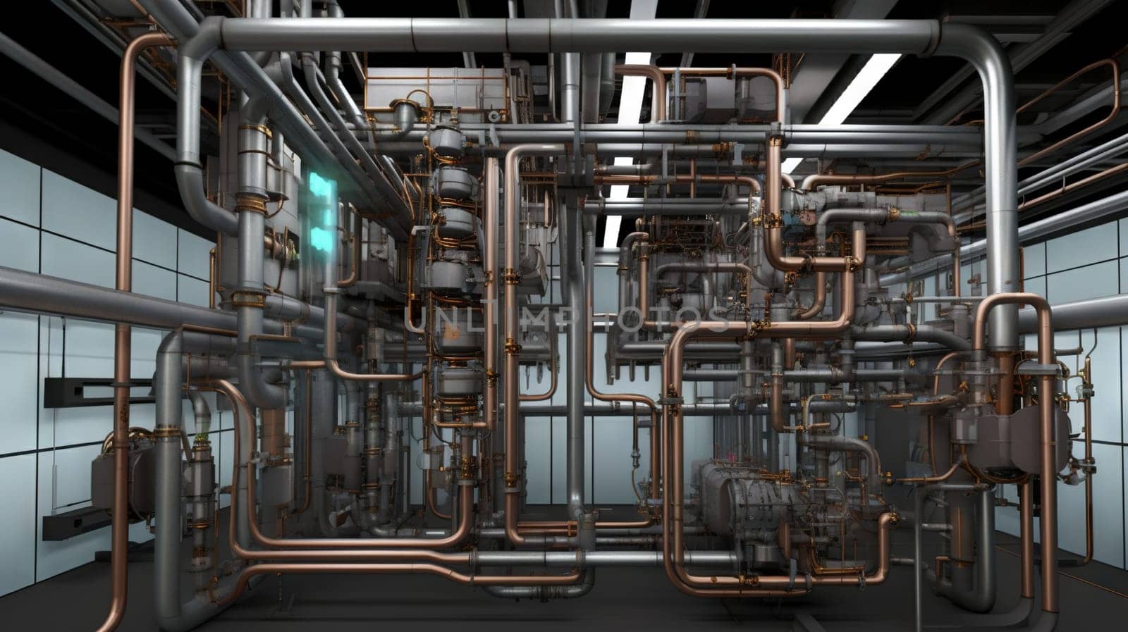 Industrial plant background with shiny pipes. Generated AI. by SwillKch