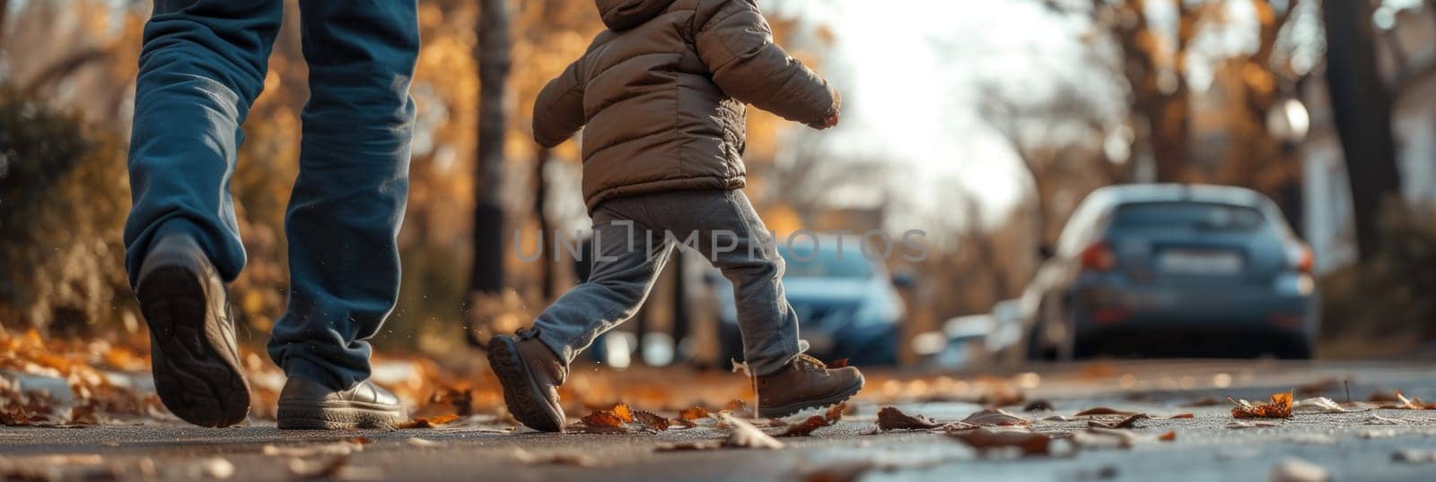 Man and Child Walking Down a Street. Generative AI. by but_photo