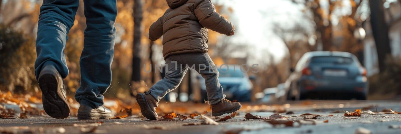 A man and a child walking together down a city street.