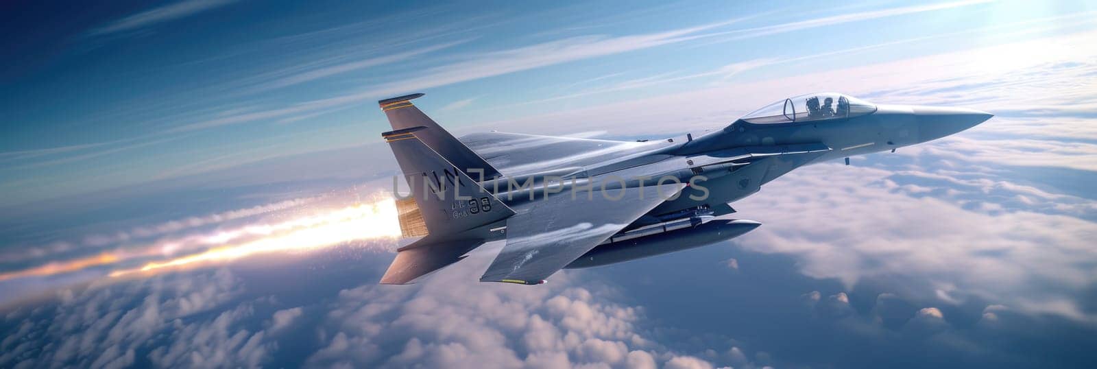 A powerful fighter jet flies through the sky, cutting through billowing clouds.