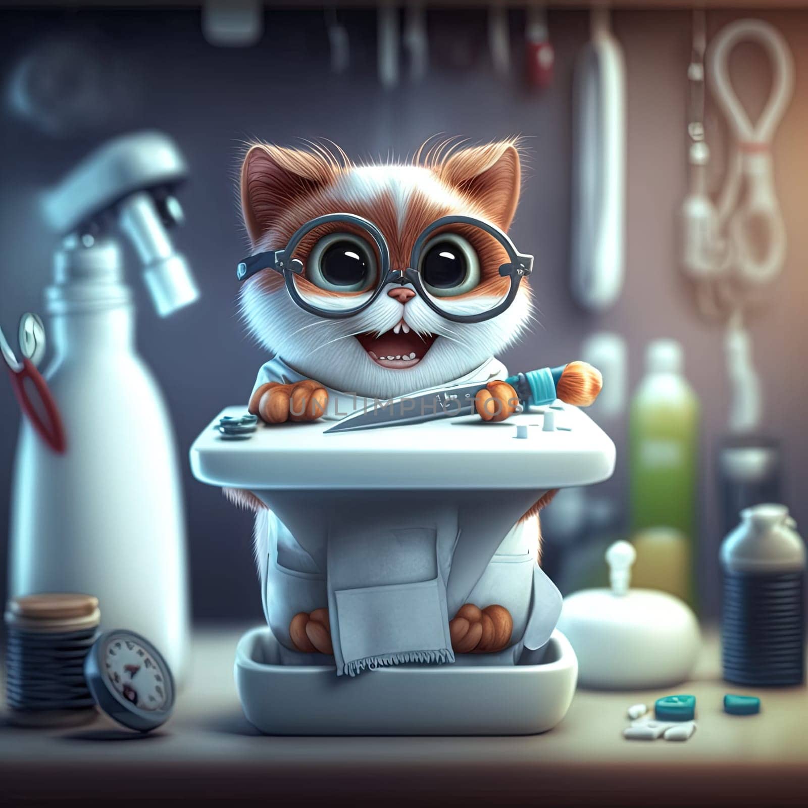 Funny dentist cat. Cute kitten in doctor costume with dentistry and hygiene tools. Generative AI