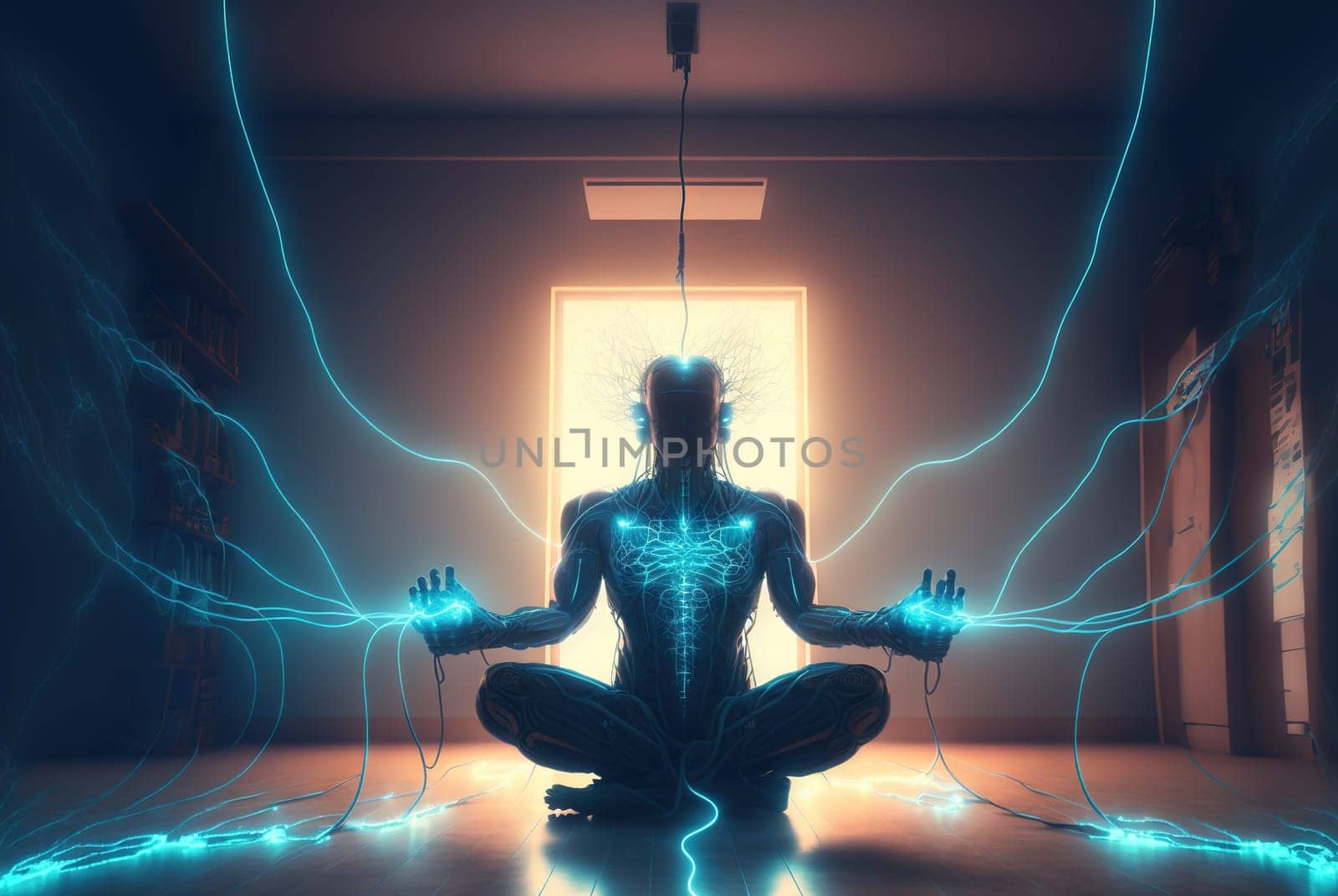 Digital era woman meditating in neon wires, with consciousness connected to the world via technological structure. Generated AI