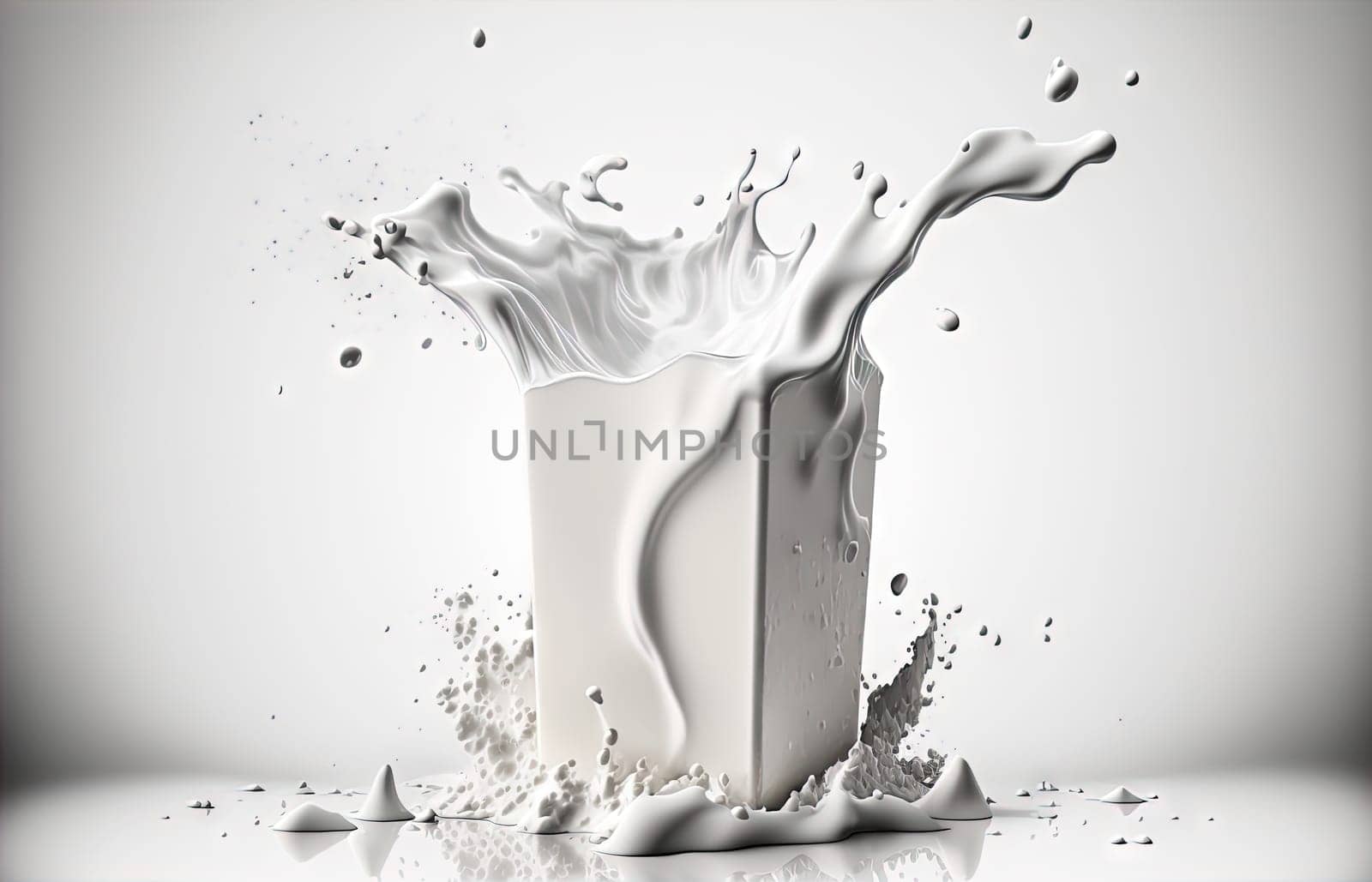 Milk splash with drops flying away. Splasj crown in the white milk. Generated AI