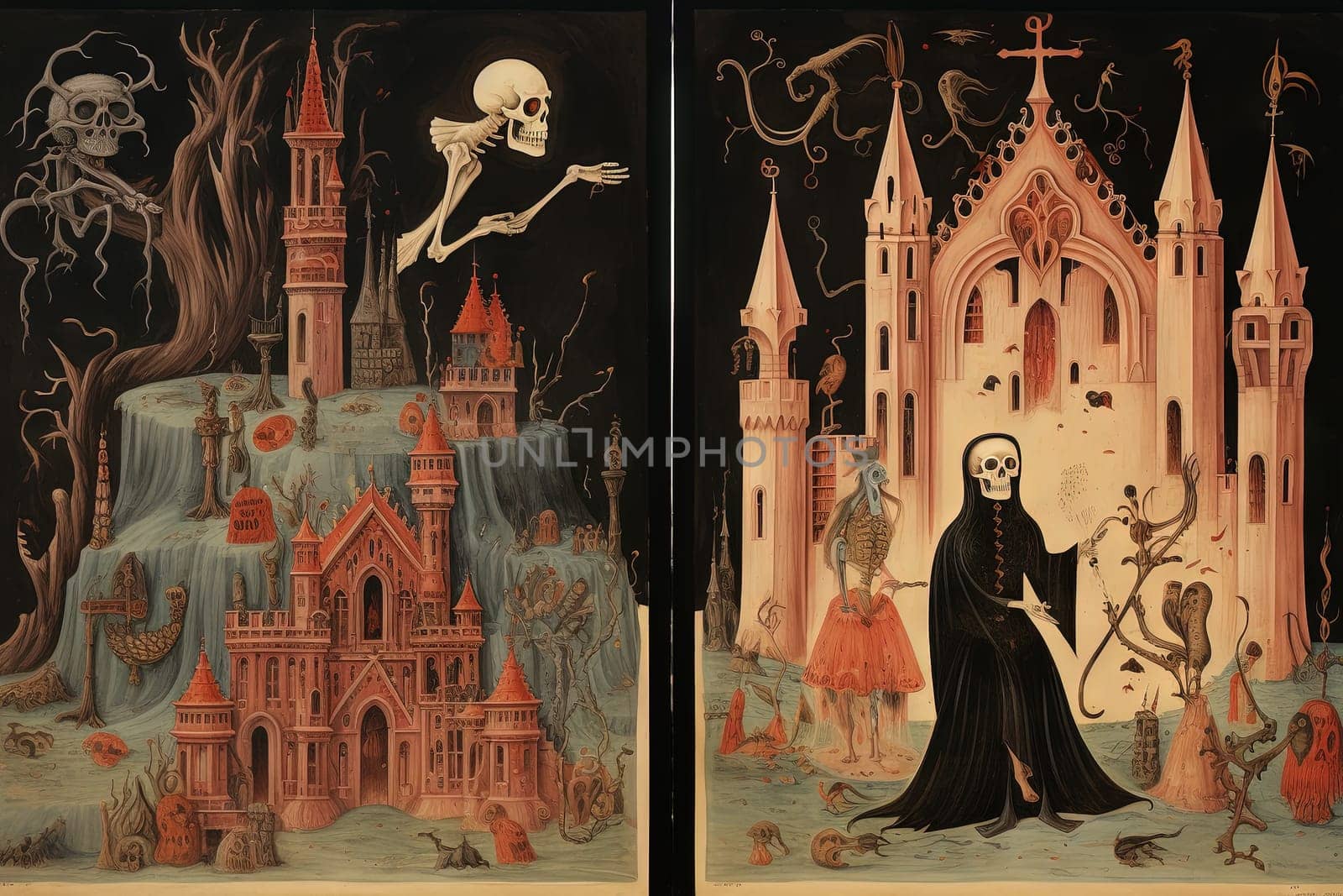 Medieval styled occult art with skeleton and monsters. Ancient icon or old book illustration with mystic religious scene. Generated AI