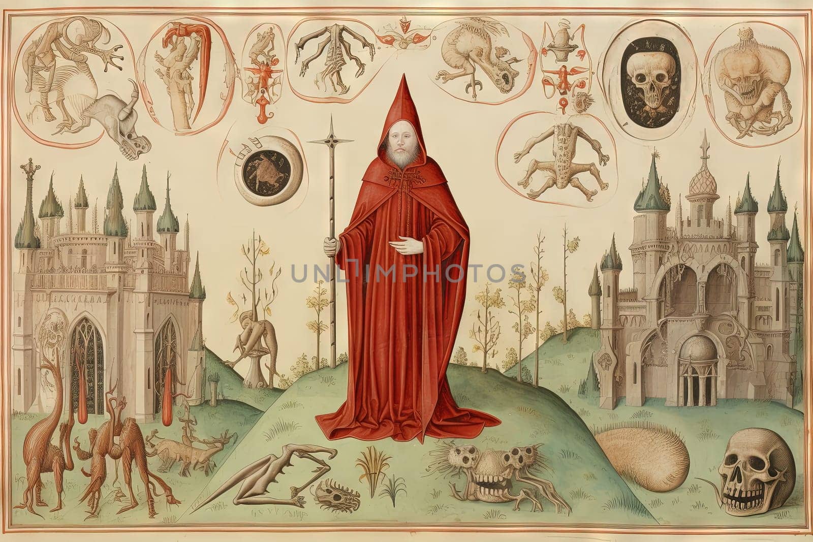 Medieval styled occult art with skeleton and monsters. Ancient icon or old book illustration with mystic religious scene. Generated AI. by SwillKch