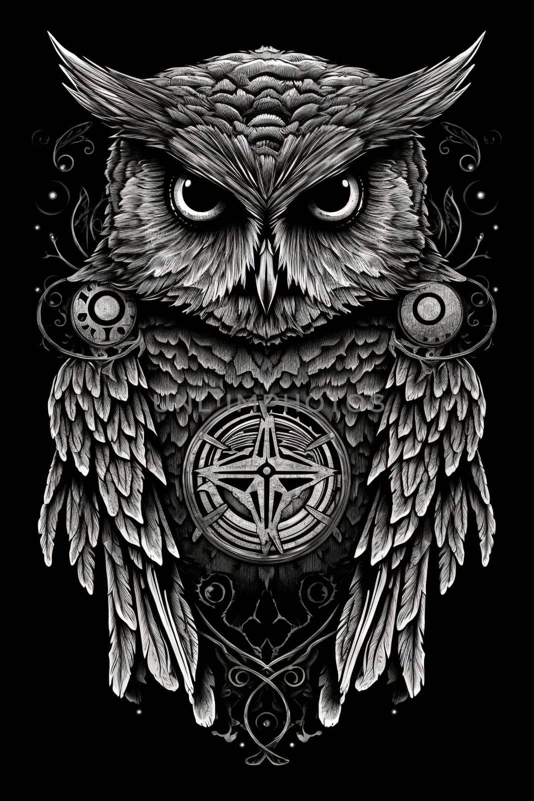 Wild owl with mystic design elements. Occult wise bird black and white symbol in vintage style. Generated AI.