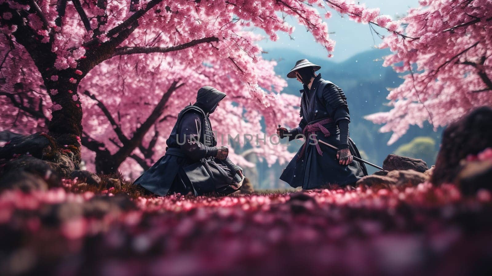 Duel of samurai warriors with swords in the garden of sakura blossom. Generated AI