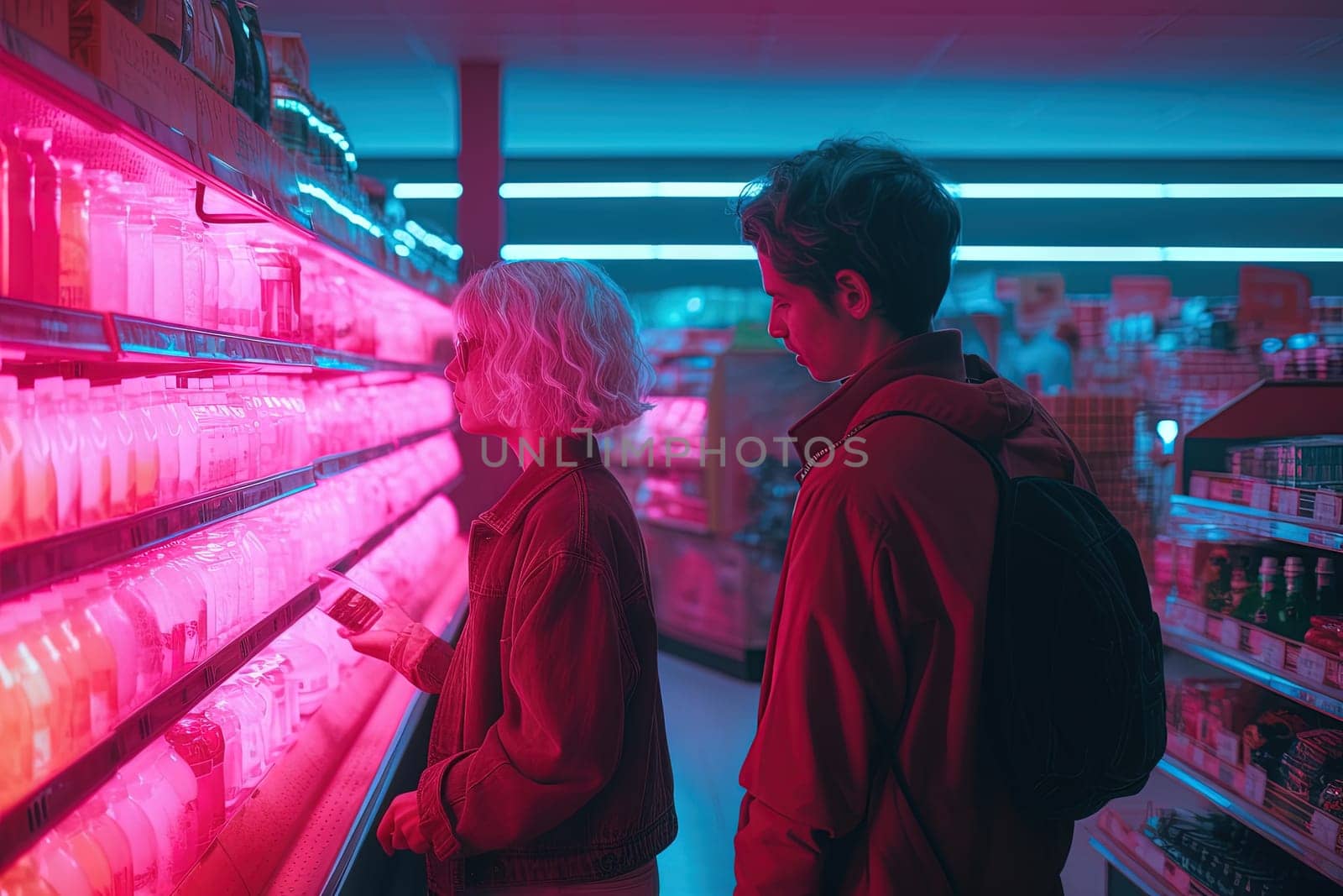 Friends looking cool in 80s styled synthwave store. People in supermarket. Generated AI