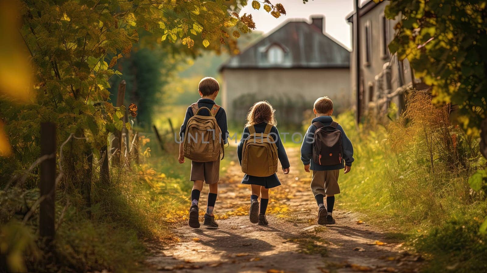 Children walking back home from school with backpacks. Generated AI. by SwillKch