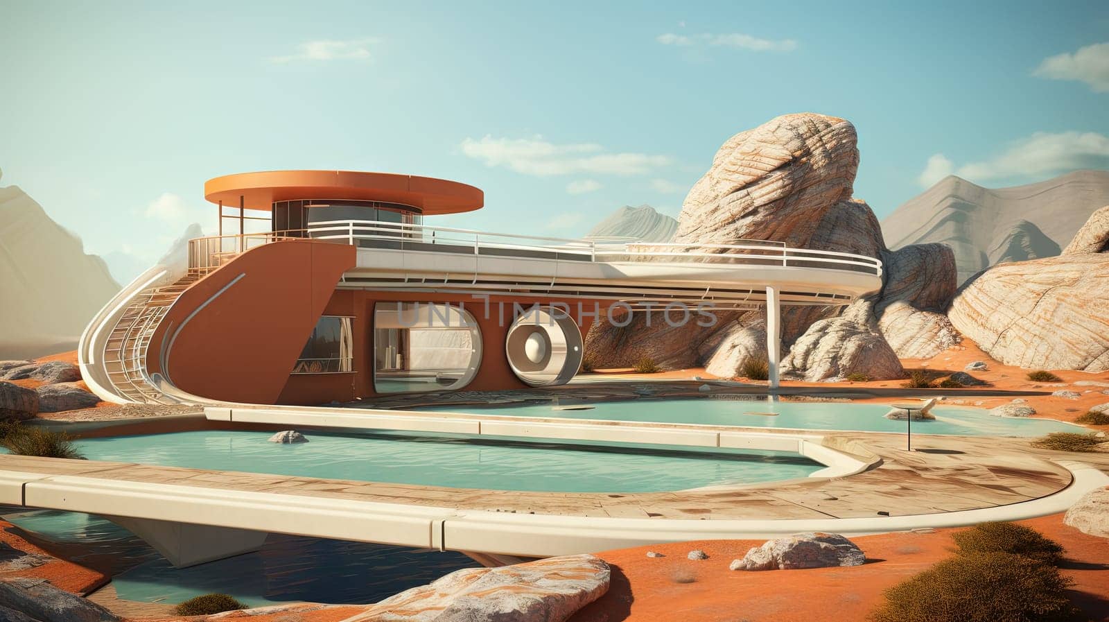 Retro futuristic architecture in sci-fi scene on the desert planet. Alien landscape with nostalgic retro future constructions. Generated AI. by SwillKch