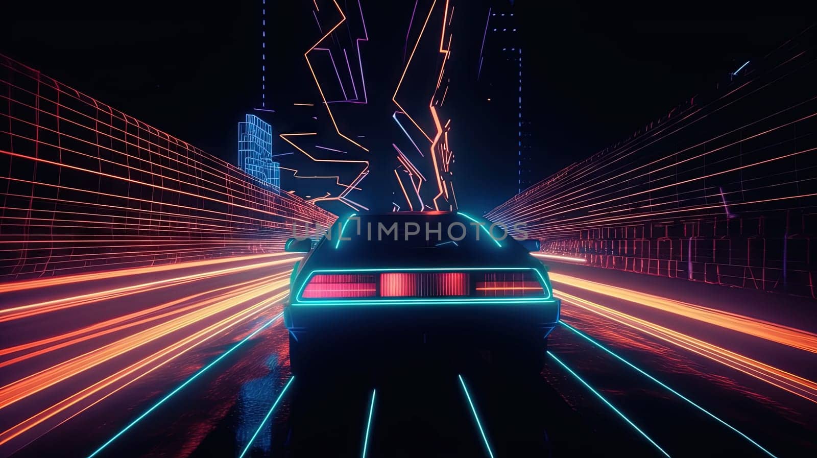 Car ride on the neon road in 80s retro synthwave style. Generated AI