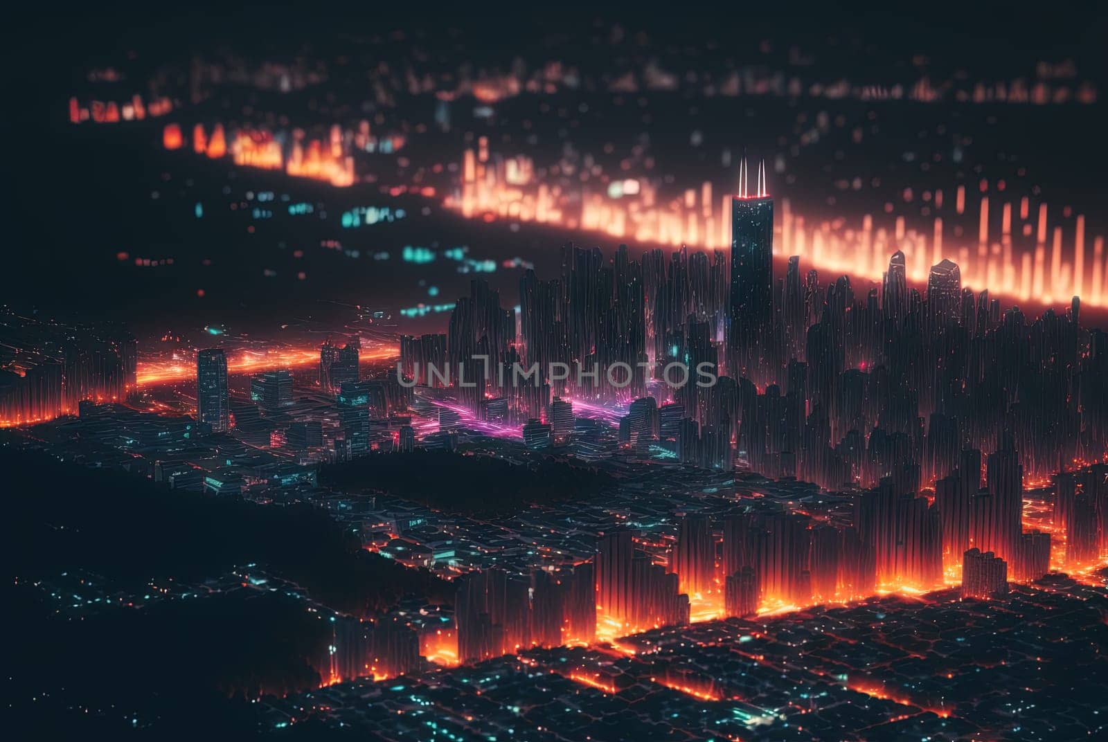 Abstract neon city aerial view. Technology concept of night cityscape with blue lights in synthwave style. Generated AI. by SwillKch