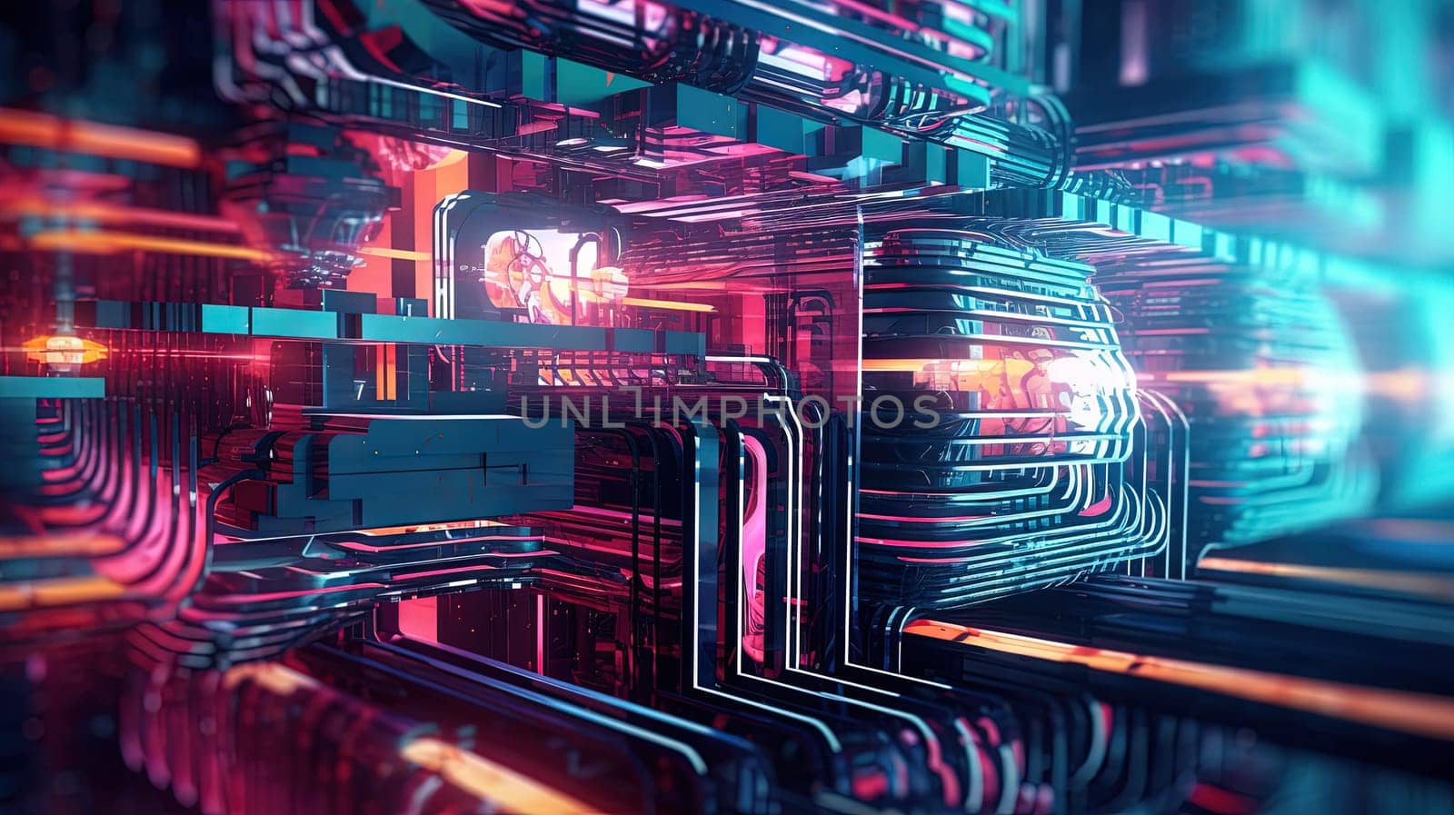 Computer technology abstraction with connected hardware or data servers in neon lights of wires. Generated AI