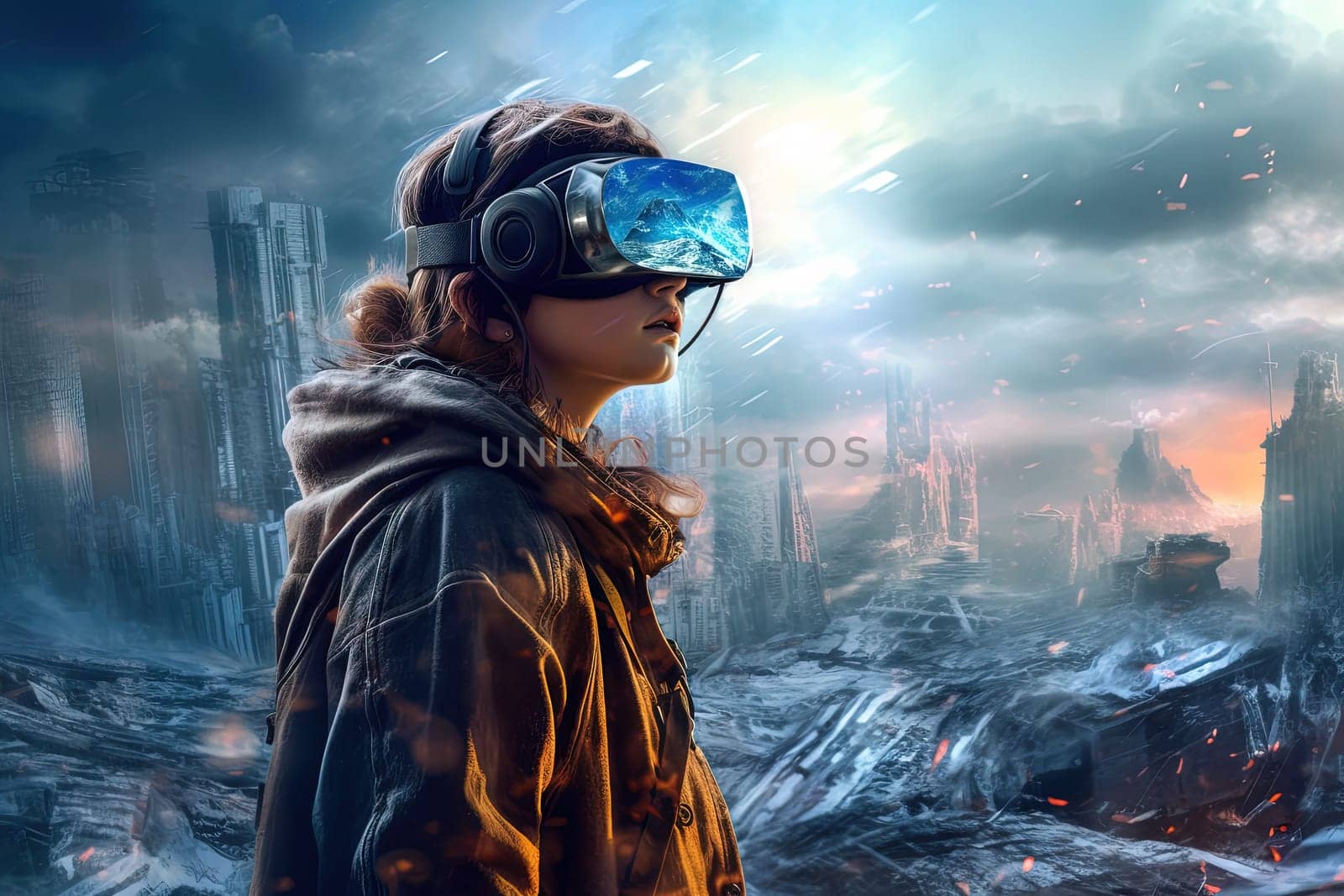 VR goggles technology concept with wearable glasses device. Virtual reality futuristic immersive experience. Generated AI