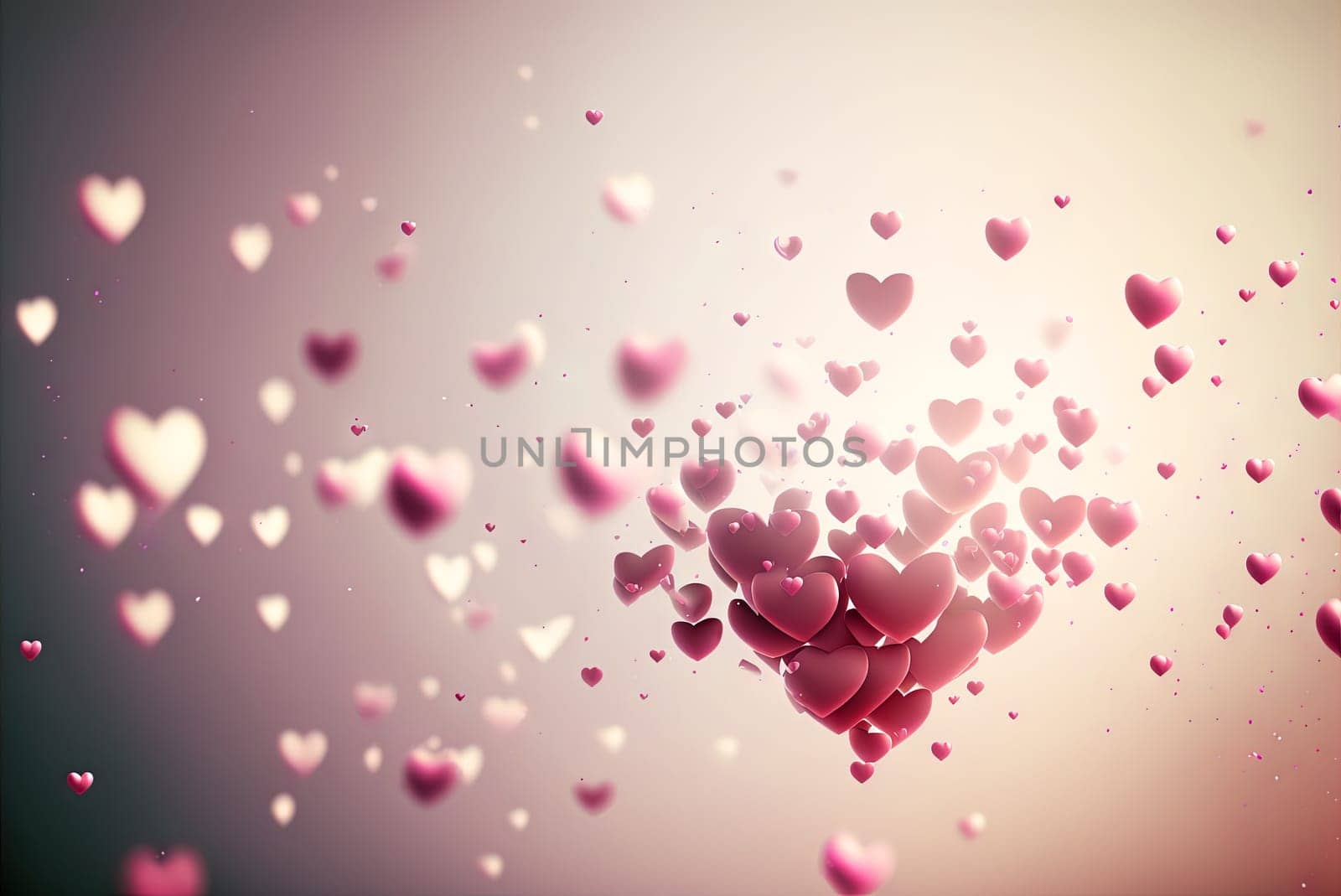 Abstract flying hearts, romantic pink symbols scattered to show love. Blurred background. Generated AI