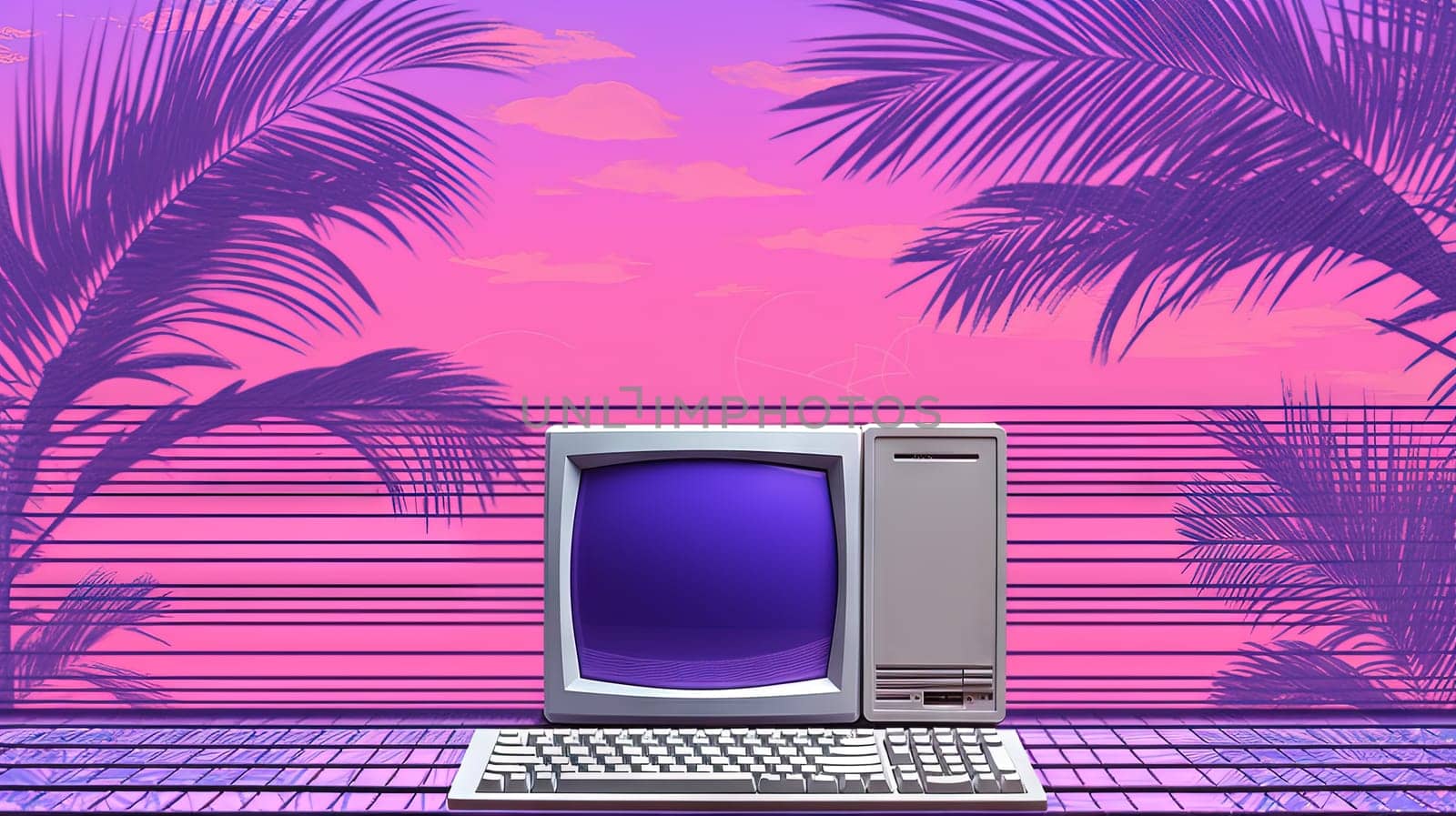 Vaporwave styled scene with computer and palms in purple color.Generated AI