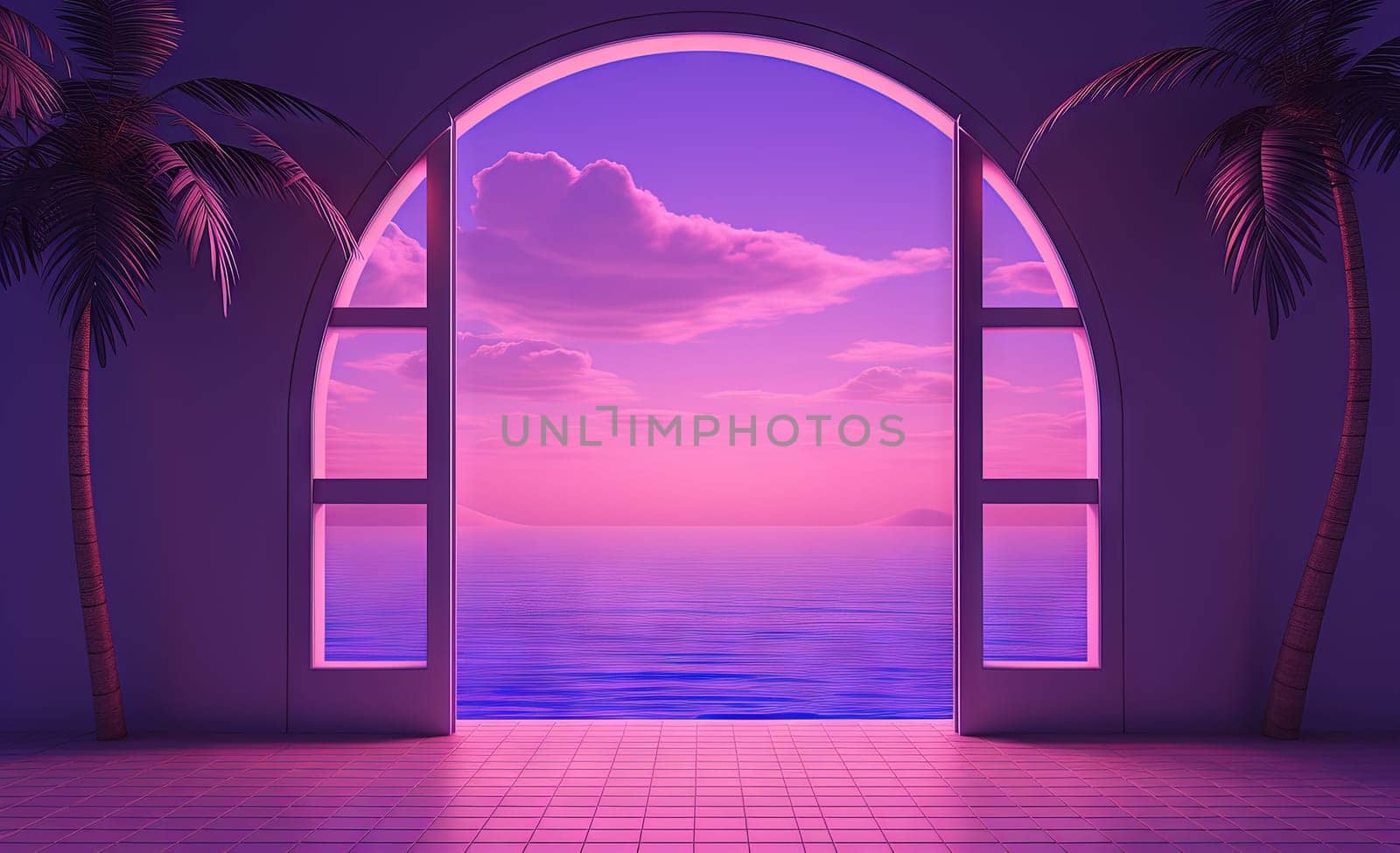 Open window with tropical landscape and ocean in vaporwave style. Purple sundown in 90s style room, vacation calmness frame. Generated AI