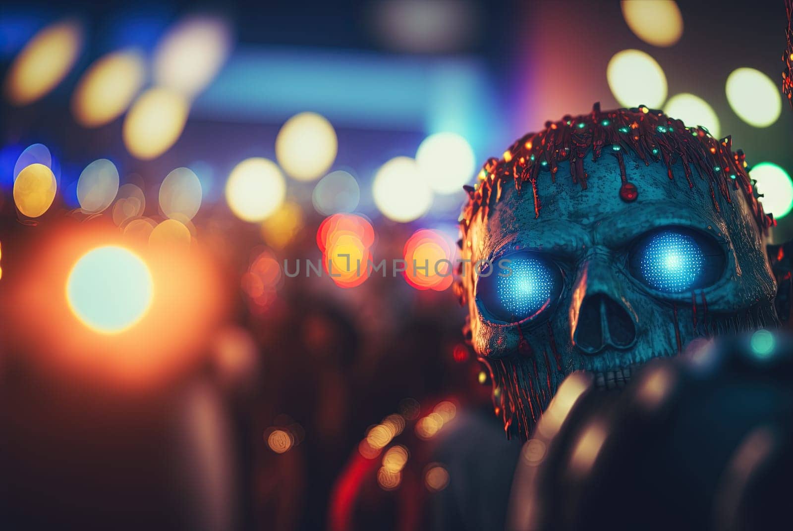 Techno zombie woth neon lights and shiny eyes. Cyberpunk horror party concept. Generated AI. by SwillKch