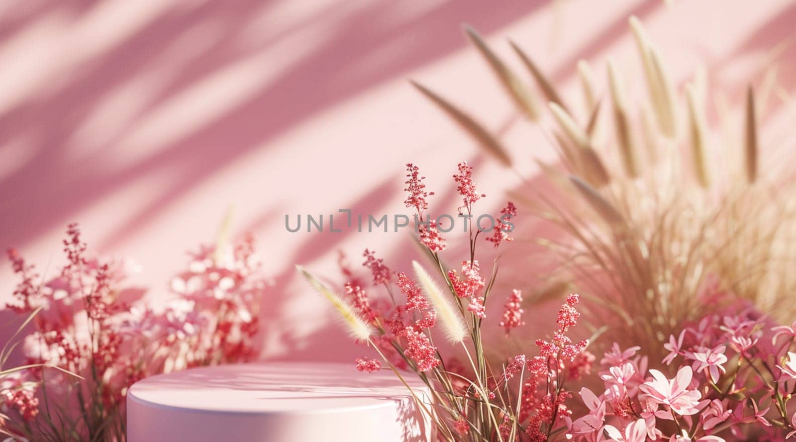 A serene scene with a cylindrical podium amid dried flowers and soft pink hues. High quality photo