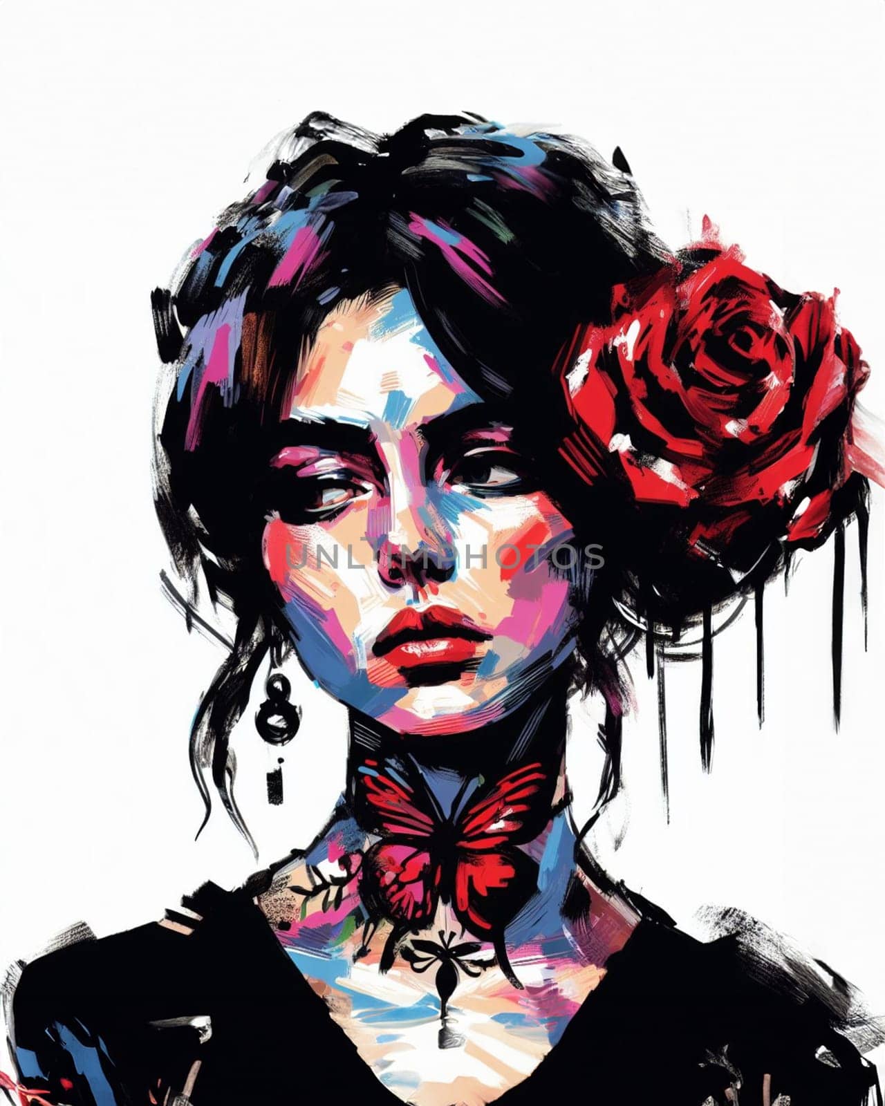 portrait of brunette hispanic woman with roses and butterflies deep brushtroke painting mariposa de amor inspired ai generative art