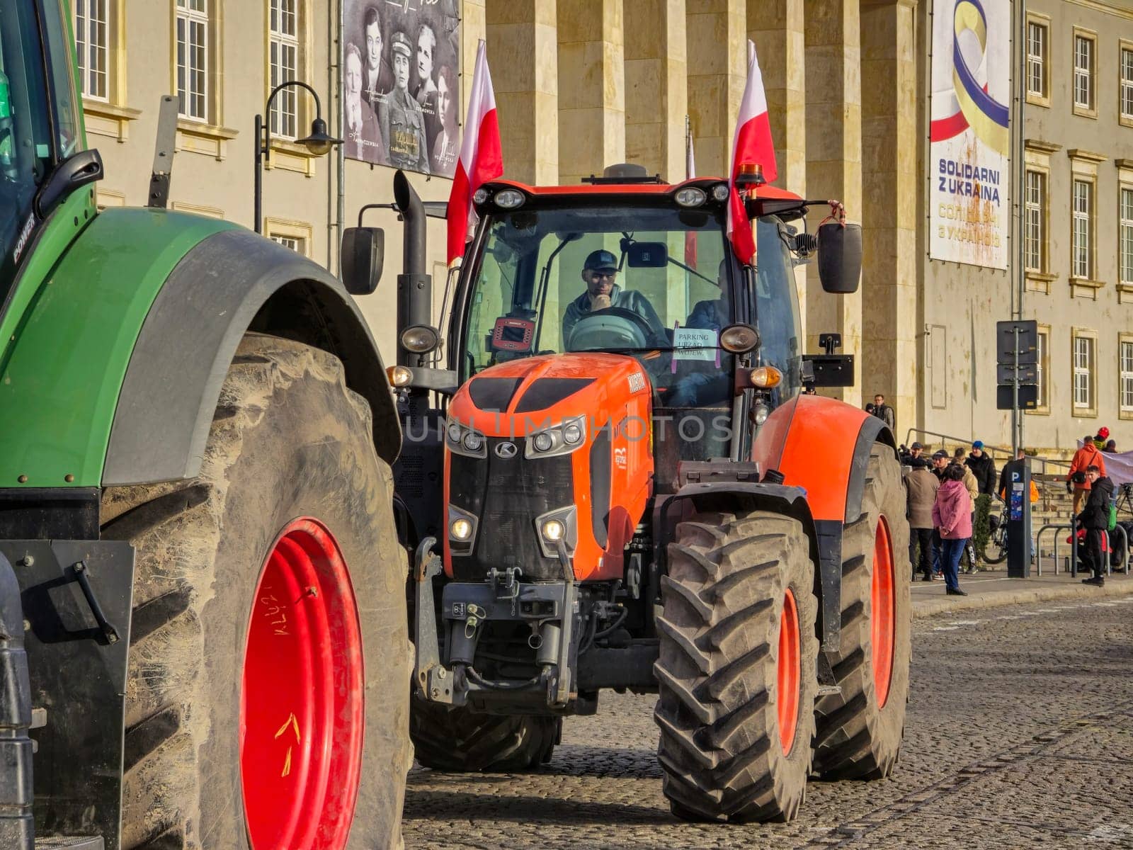 Wroclaw, Poland, February 15, 2024: Agricultural machinery at the farmers protest. Farmers strike in front of the voivodeship office