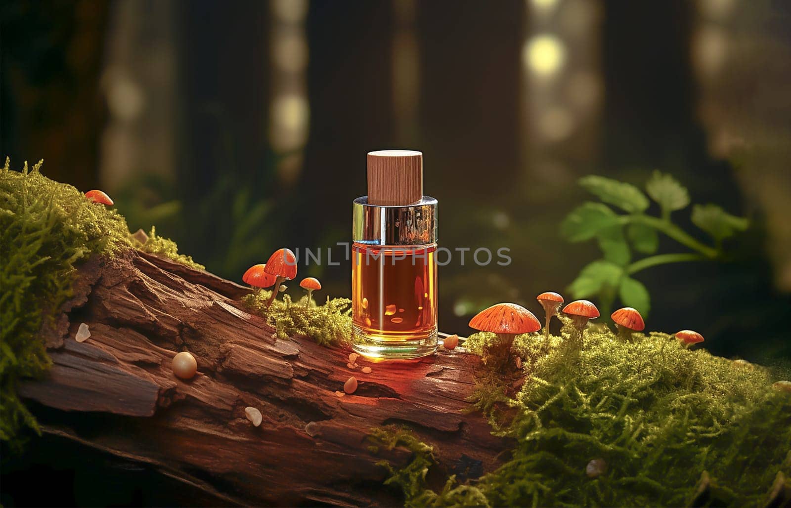 cosmetic ingredient Pycnogenol or Pinus pinaster in dark bottle stands on the bark of an oak covered with moss in forest. Natural cosmetic ingredient. Antioxidant. Serum with bark extract for face