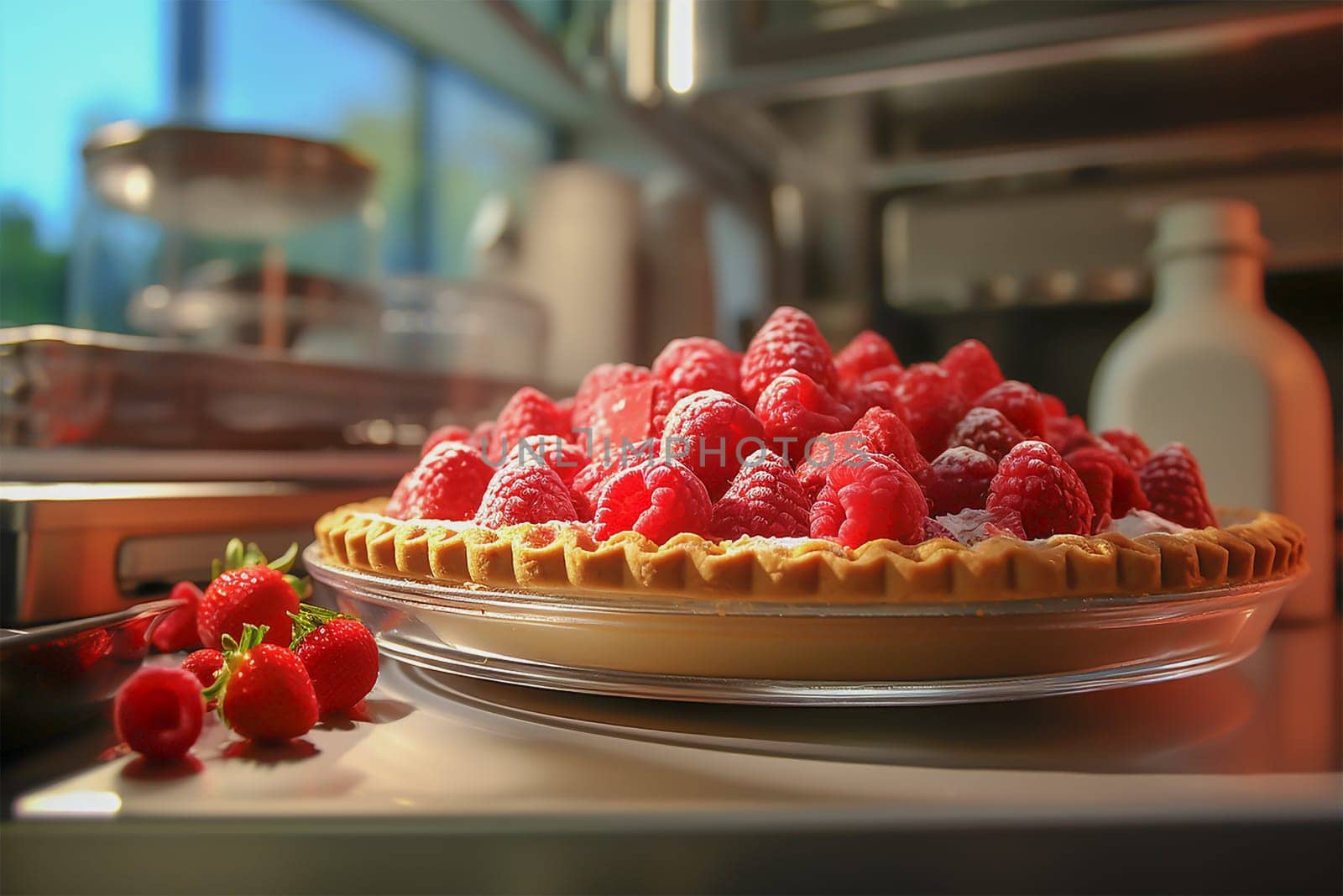 selective focus. Strawberry pie garnished with fresh strawberries. Decorated with berries. birthday cake. rural, rustic table. process of making homemade strawberry pie on a modern kitchen table