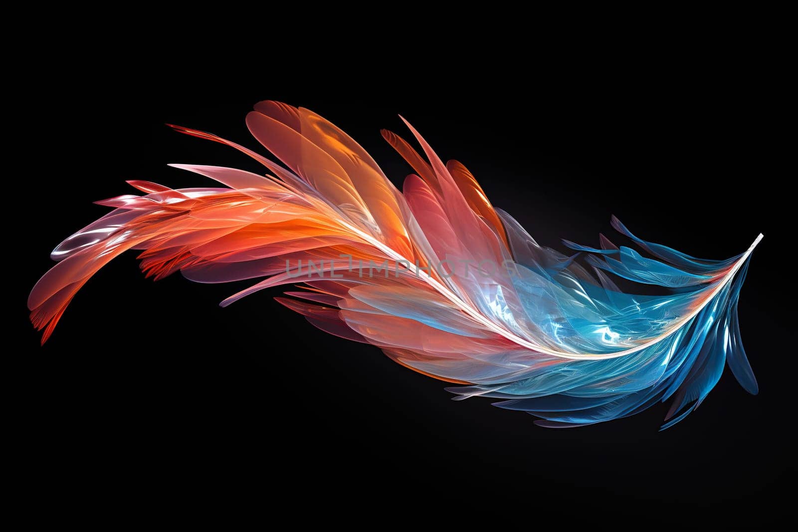 Gradient holographic elegant neon feather on a black background.