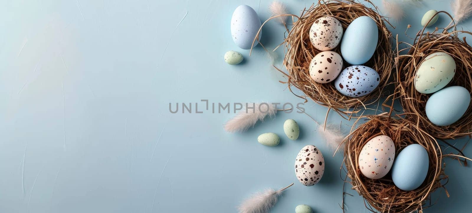Easter Eggs Nestled in Straw on Pastel Blue Background.