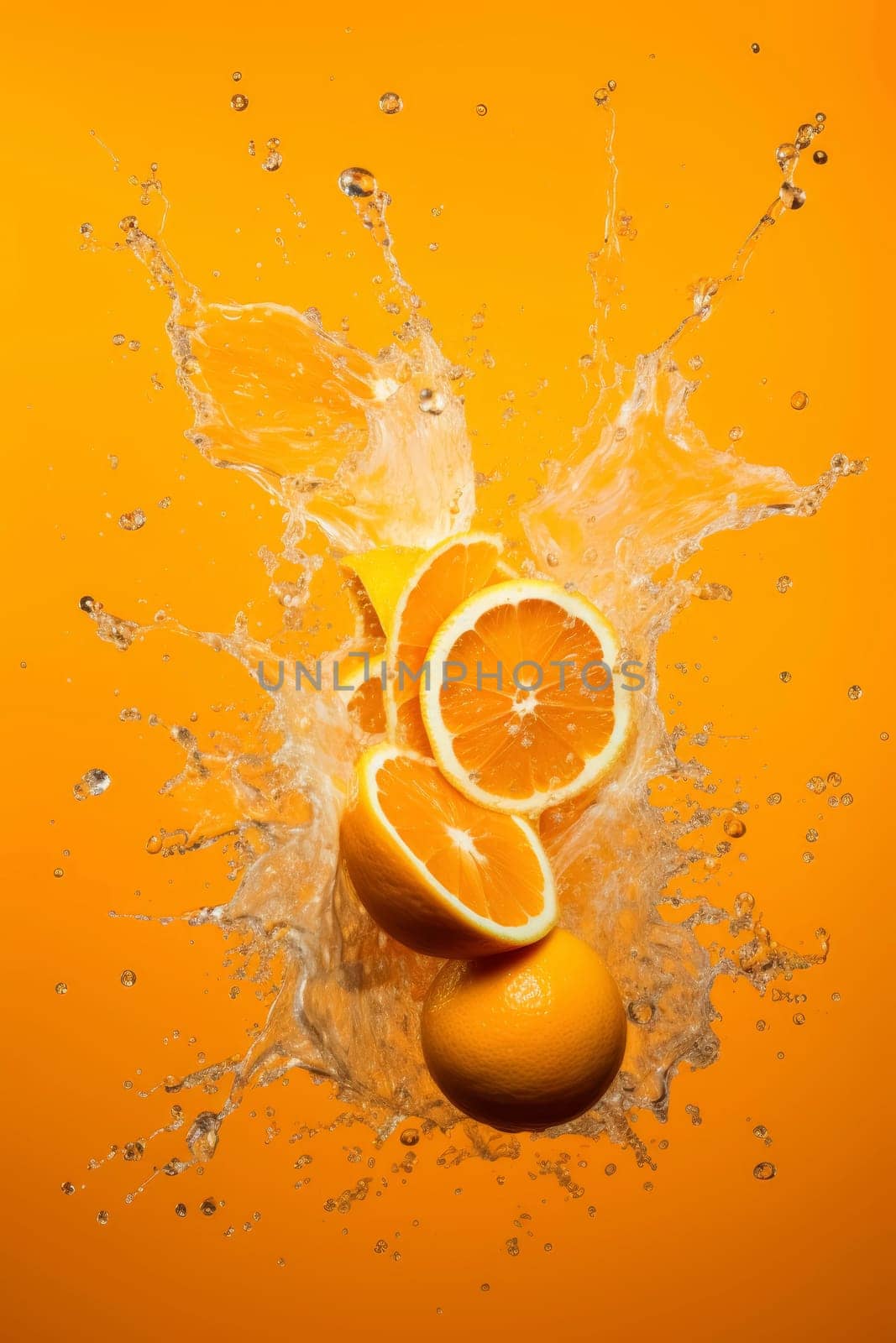 Fresh Orange Halves in Splash on Orange Background by andreyz