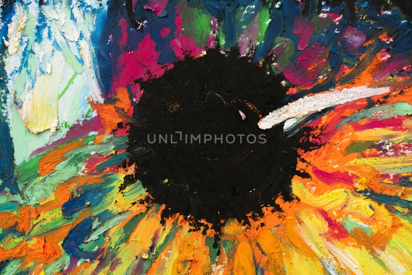 Conceptual abstract picture drawn with oil pastels. Oil pastel painting in colorful colors. Conceptual abstract closeup of an oil painting on paper.