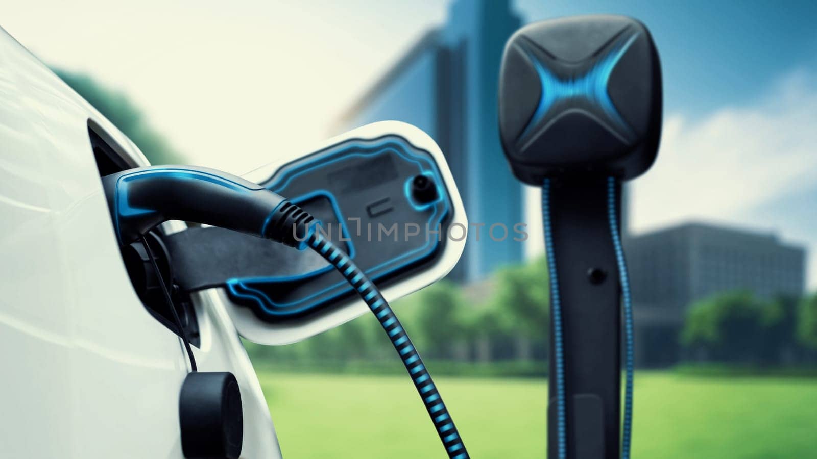 Electric car plugged in with charging station to recharge battery. Peruse by biancoblue