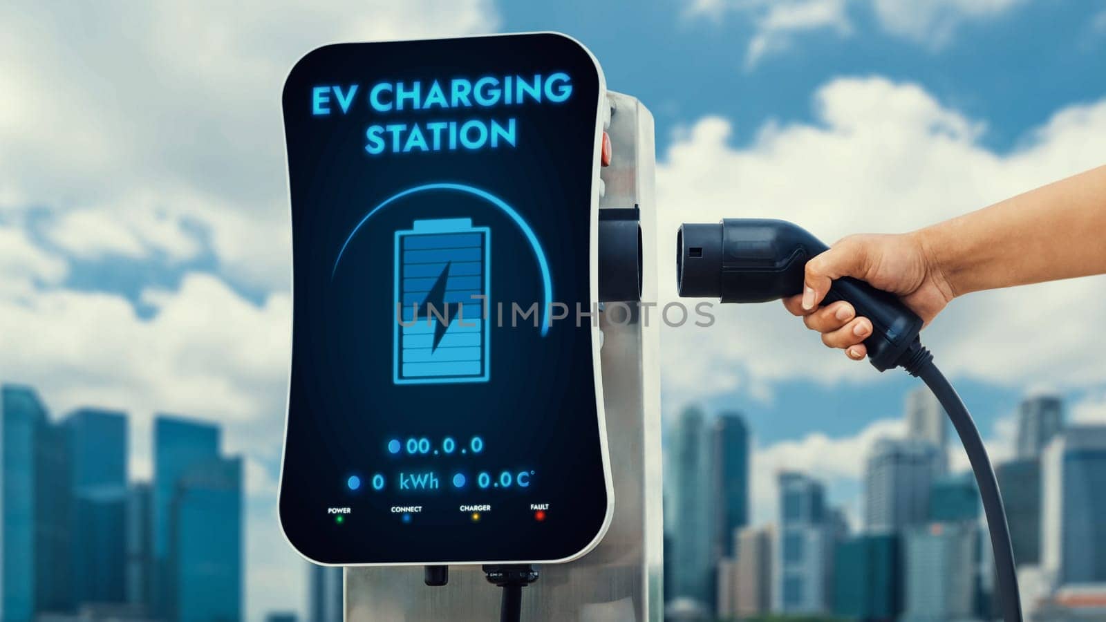 Hand pull and hold EV charger from empty screen charging station. Peruse by biancoblue