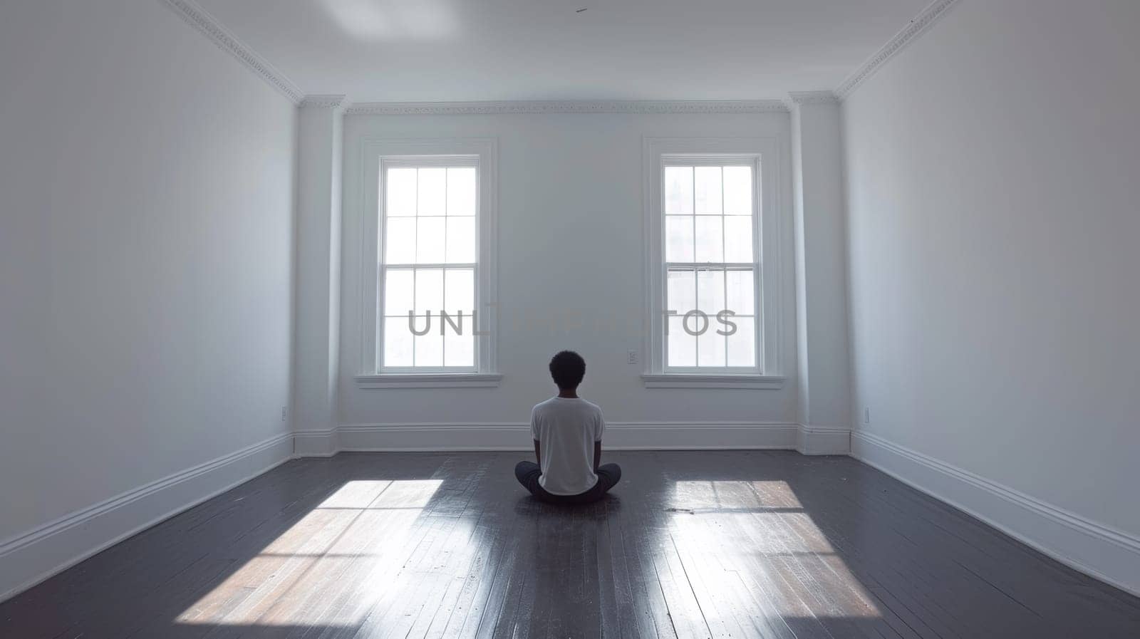 A man sitting on the floor in a empty room with two windows