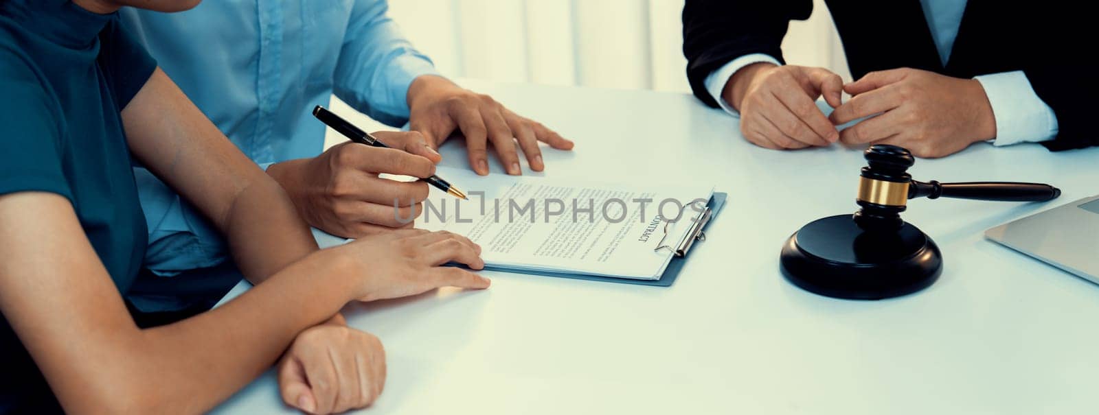 Couples file for divorcing and seek assistance from law firm to divide property after breakup. Obligations contract assist by lawyer in negotiating settlement agreement meeting. Panorama Rigid