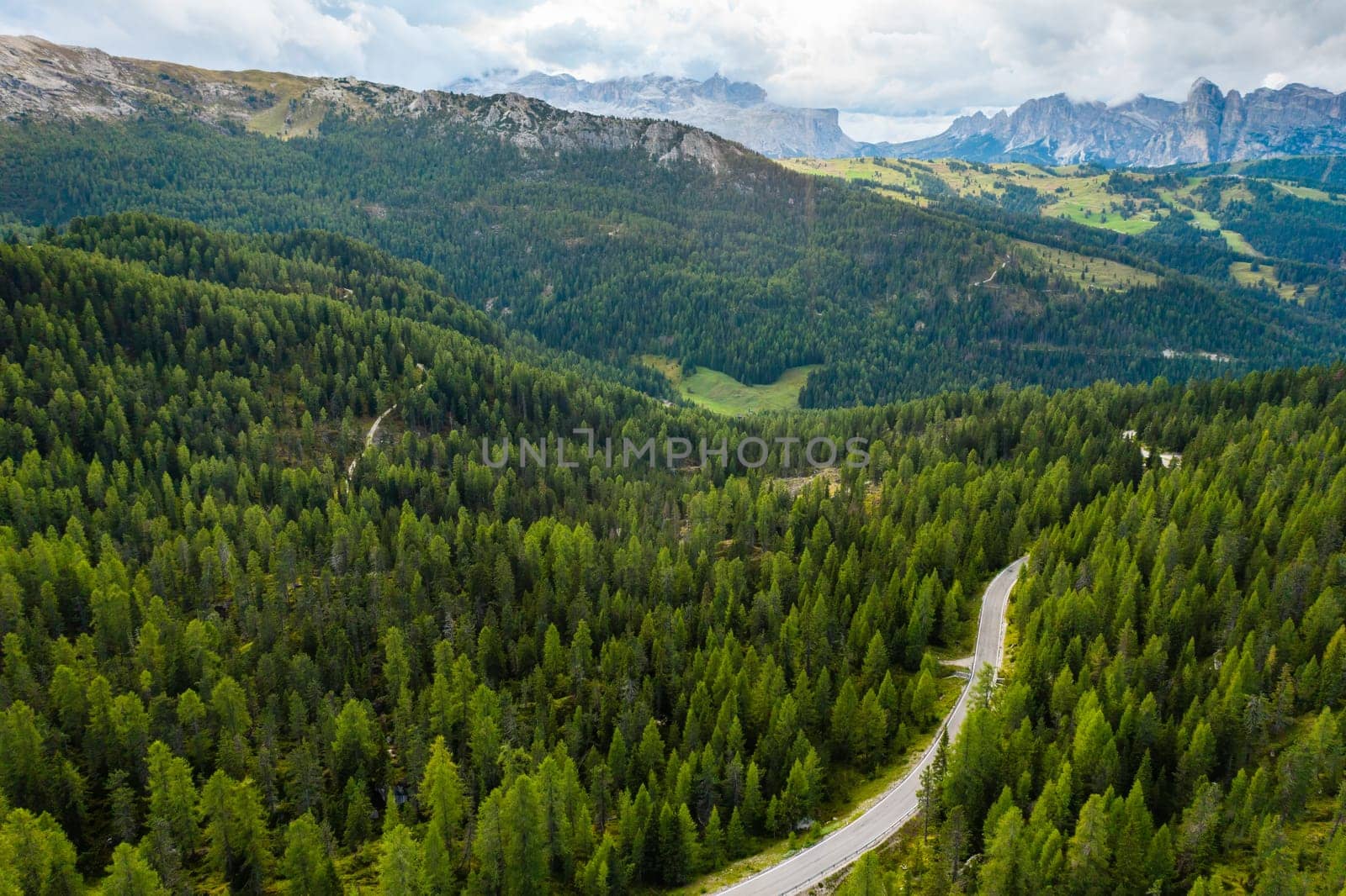 Valley at the foot of a mountain with high spruce trees with countryside road
