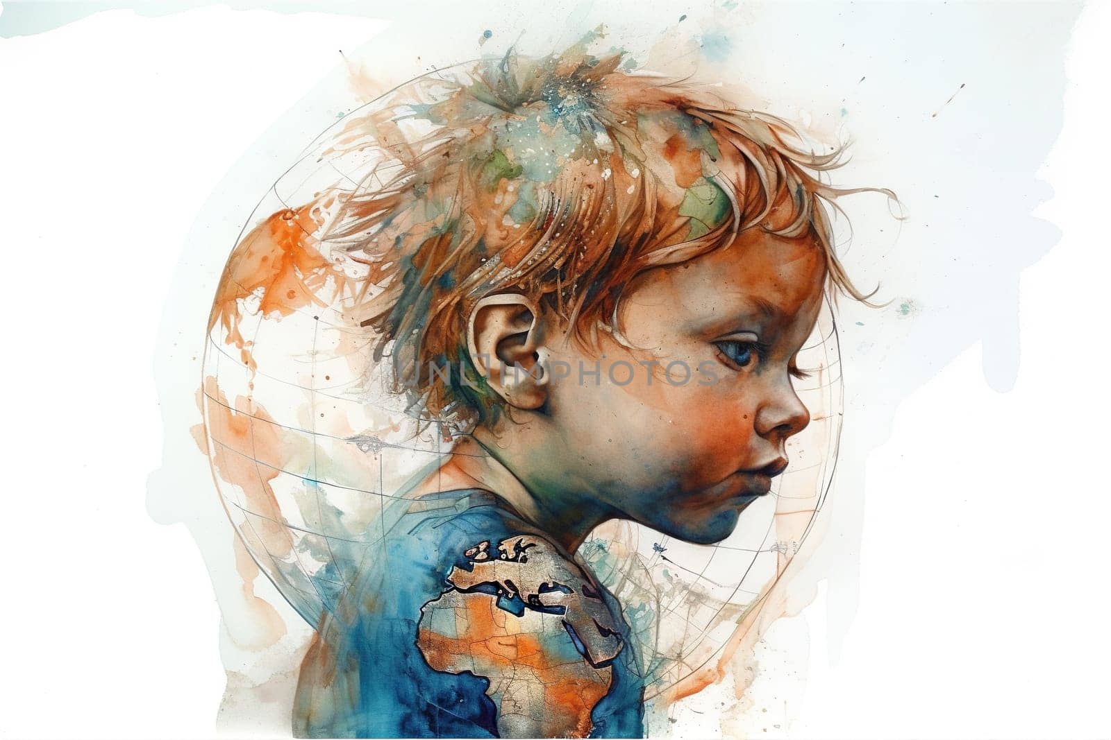 Artistic watercolor portrait of a child merged with a map of the world - Generative AI