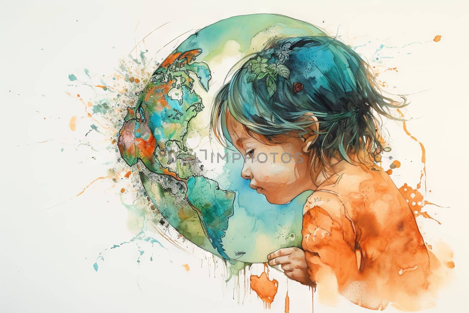 Artistic watercolor portrait of a child merged with a map of the world - Generative AI