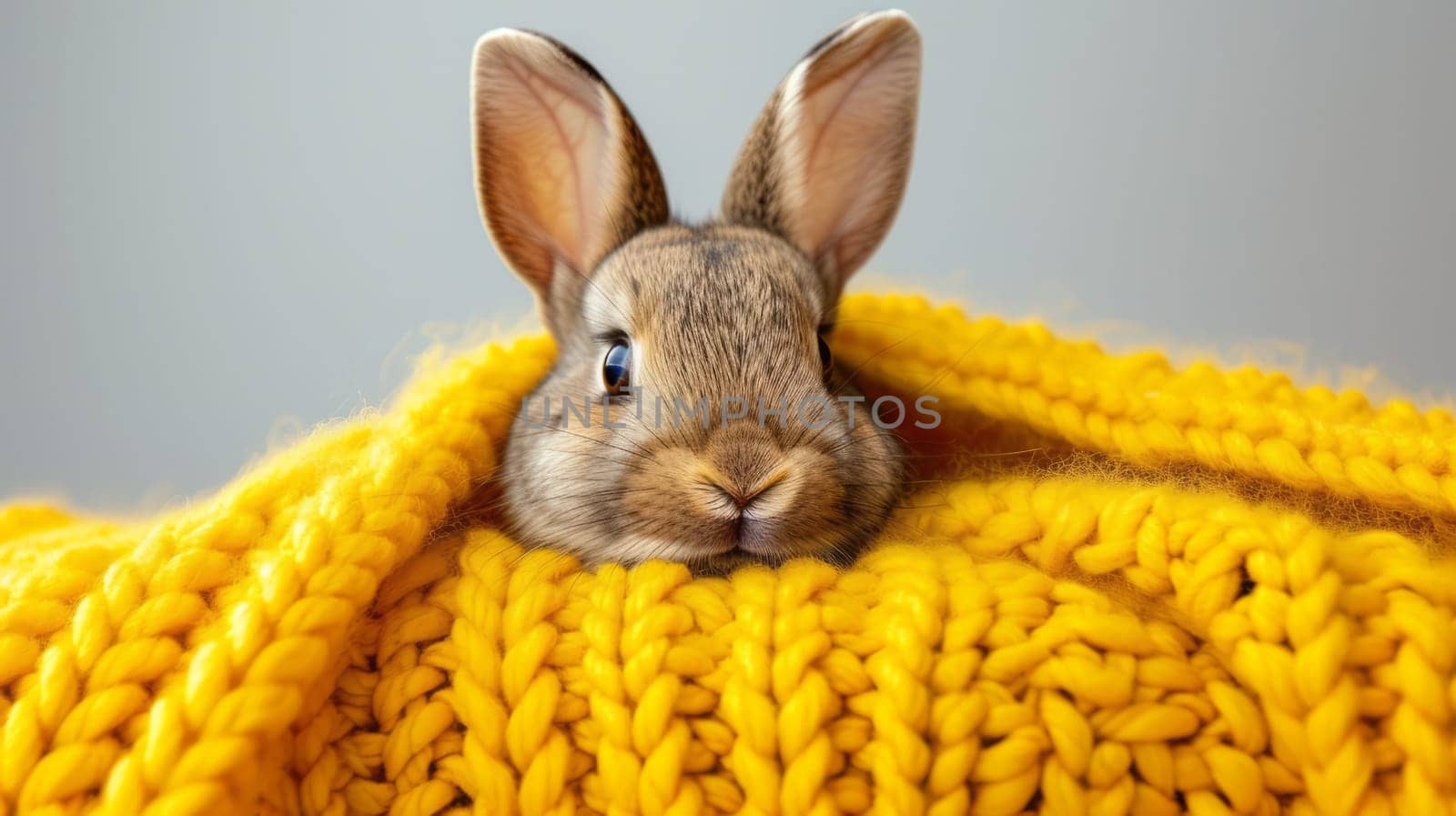 Cute Fluffy Easter Bunny in Yellow Blanket. Funny Rabbit Portrait.