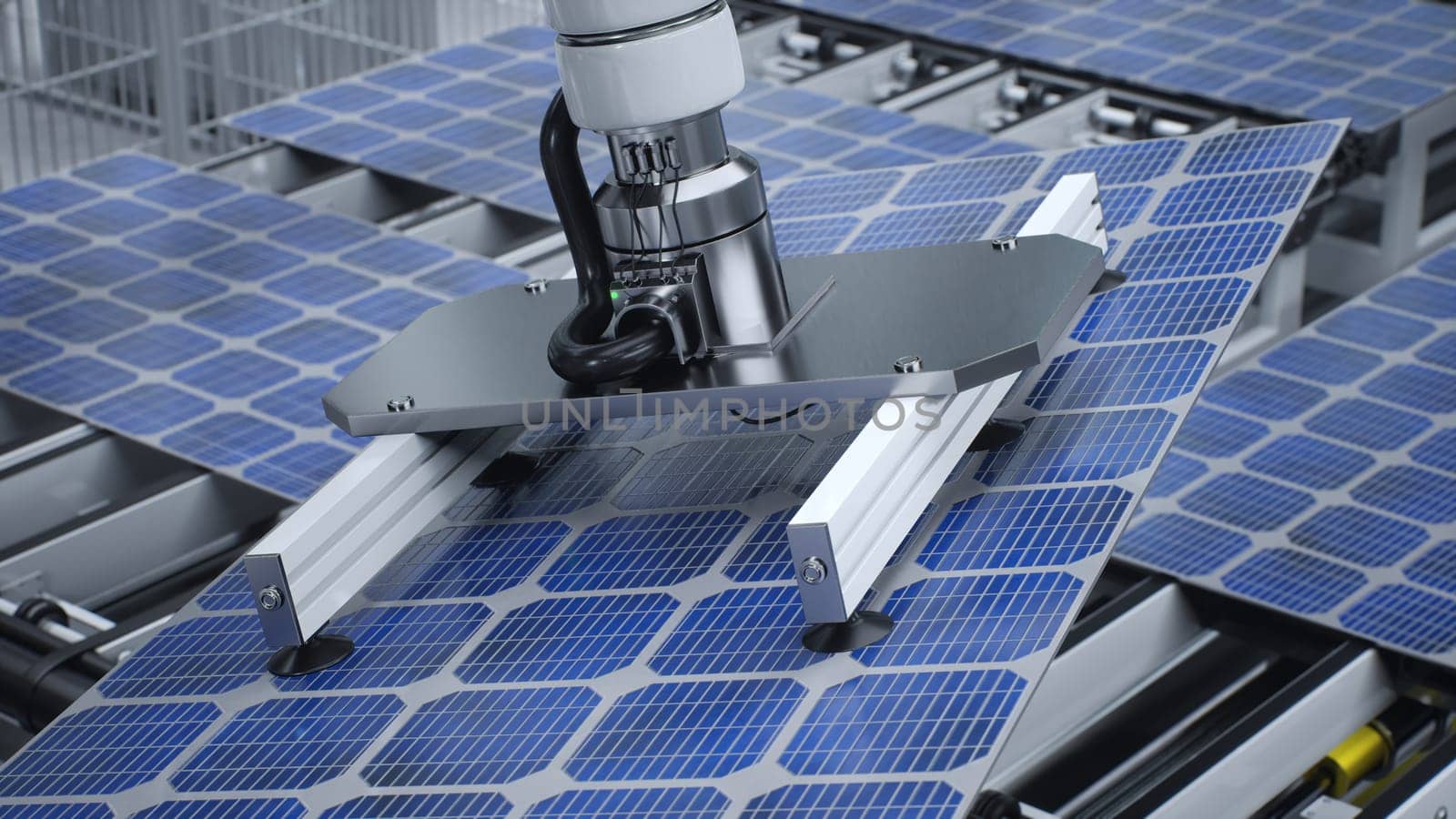 Solar panel placed on conveyor belt, operated by robot arm, moving around facility, 3D illustration. Close up of photovoltaic cell produced in green technology manufacturing warehouse